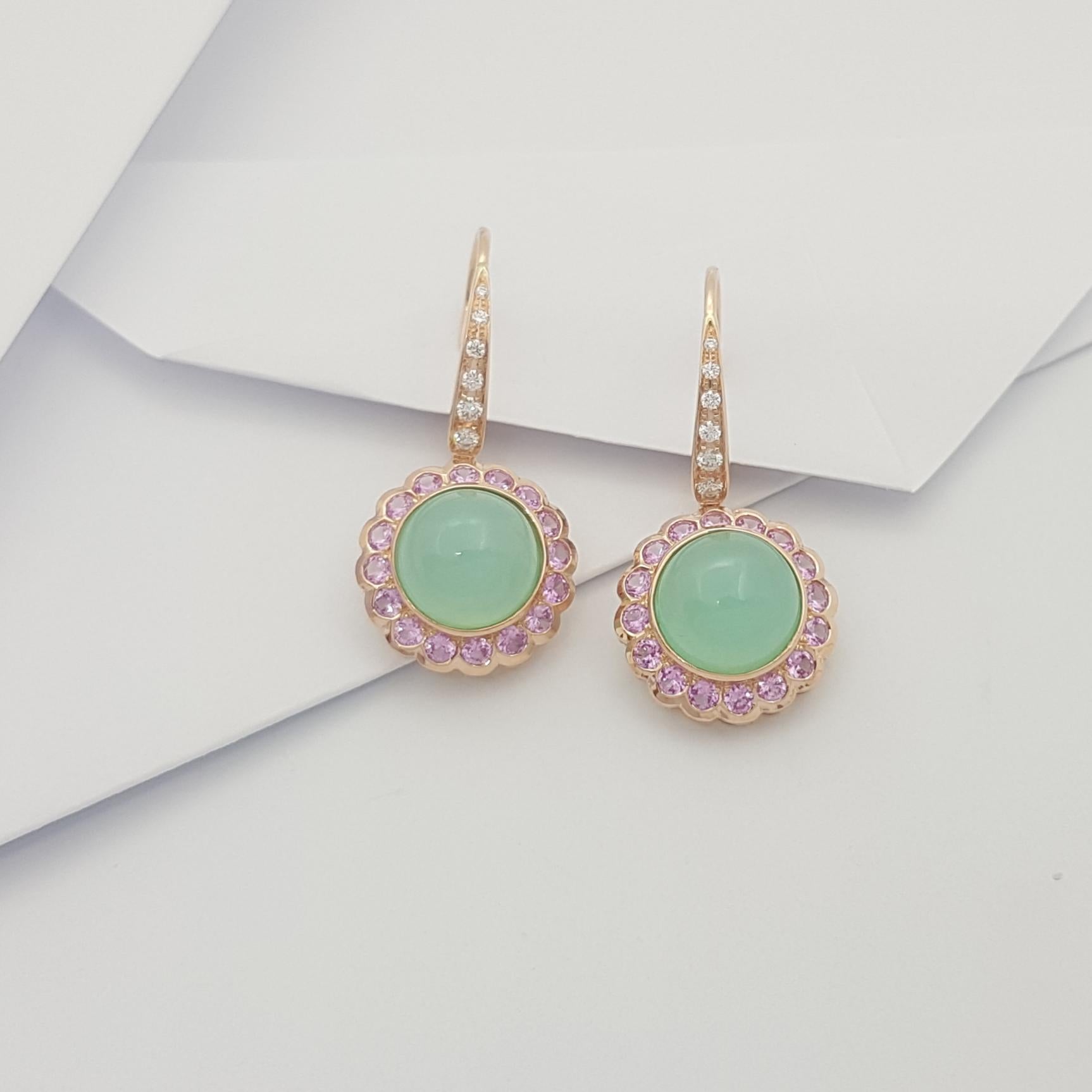 Cabochon Chrysoprase, Pink Sapphire and Diamond Earrings Set in 18k Rose Gold Settings For Sale