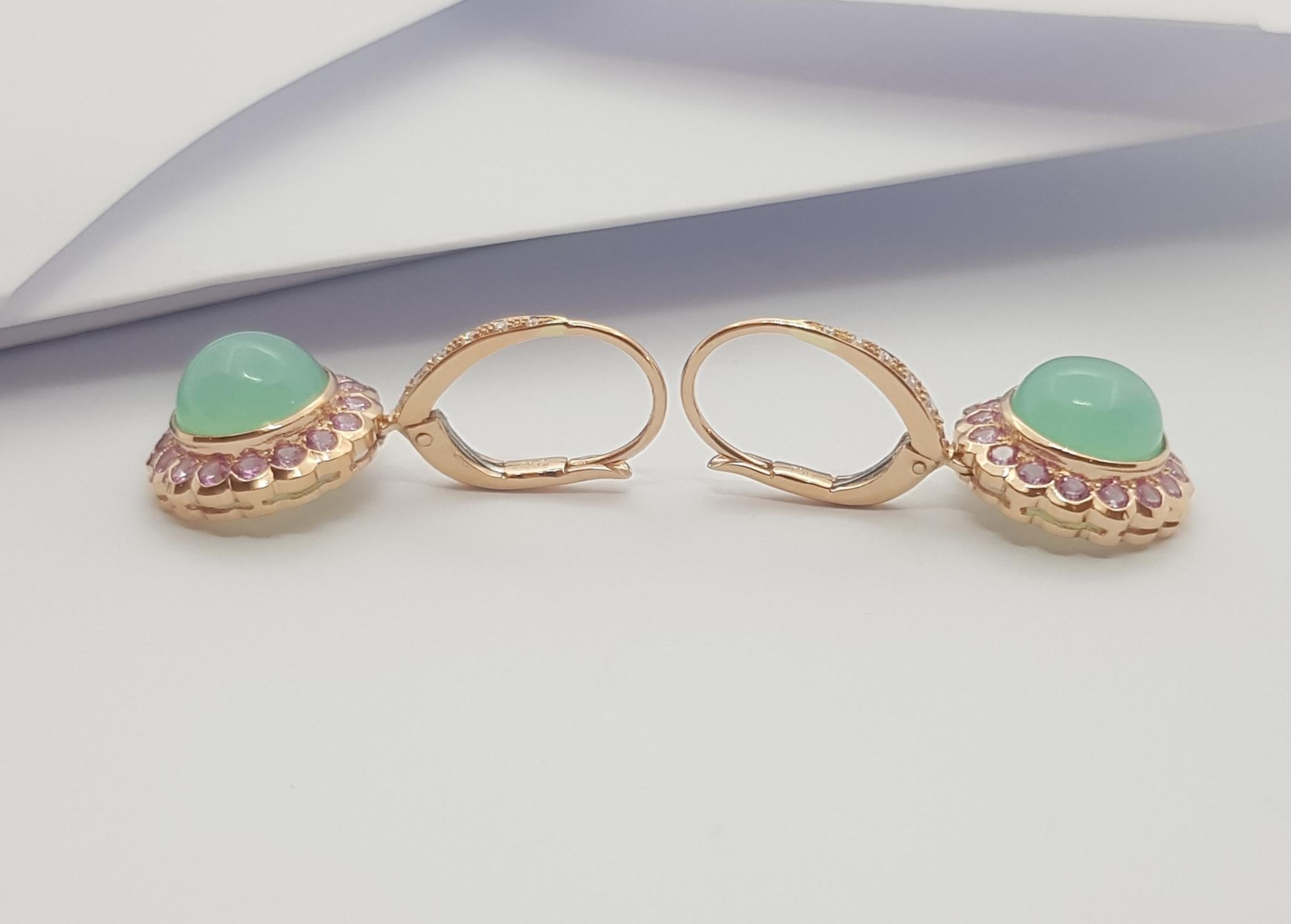 Chrysoprase, Pink Sapphire and Diamond Earrings Set in 18k Rose Gold Settings In New Condition For Sale In Bangkok, TH