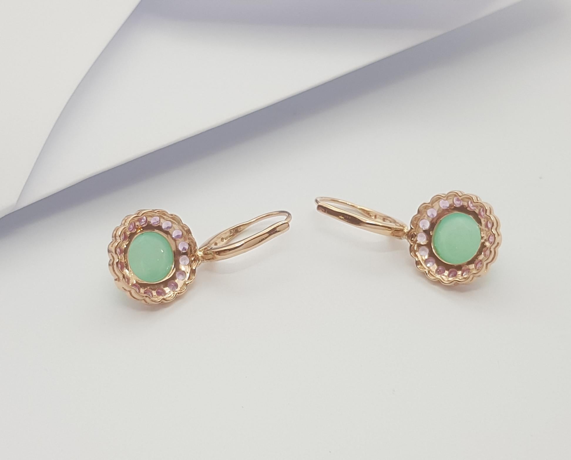 Women's Chrysoprase, Pink Sapphire and Diamond Earrings Set in 18k Rose Gold Settings For Sale