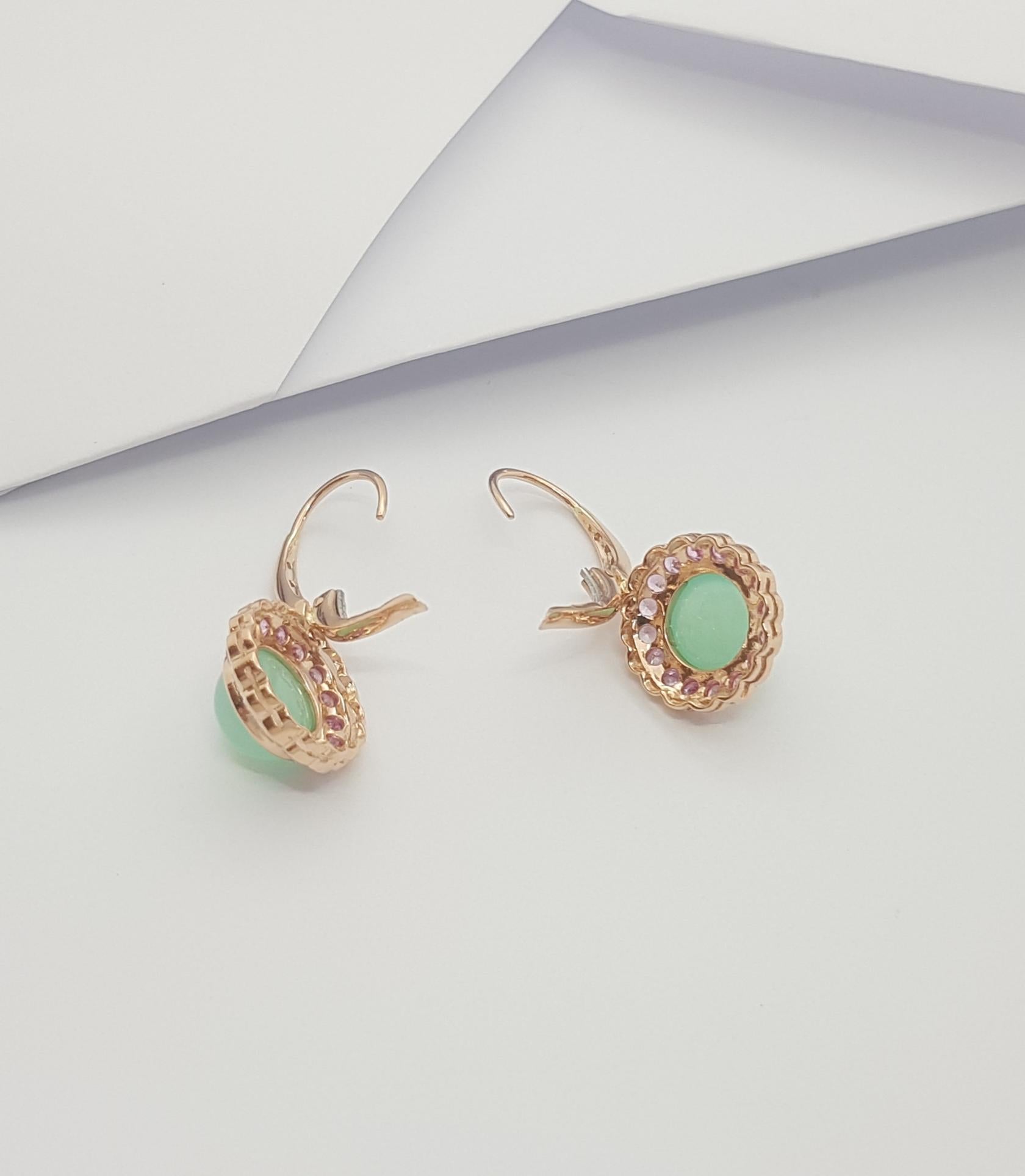 Chrysoprase, Pink Sapphire and Diamond Earrings Set in 18k Rose Gold Settings For Sale 2
