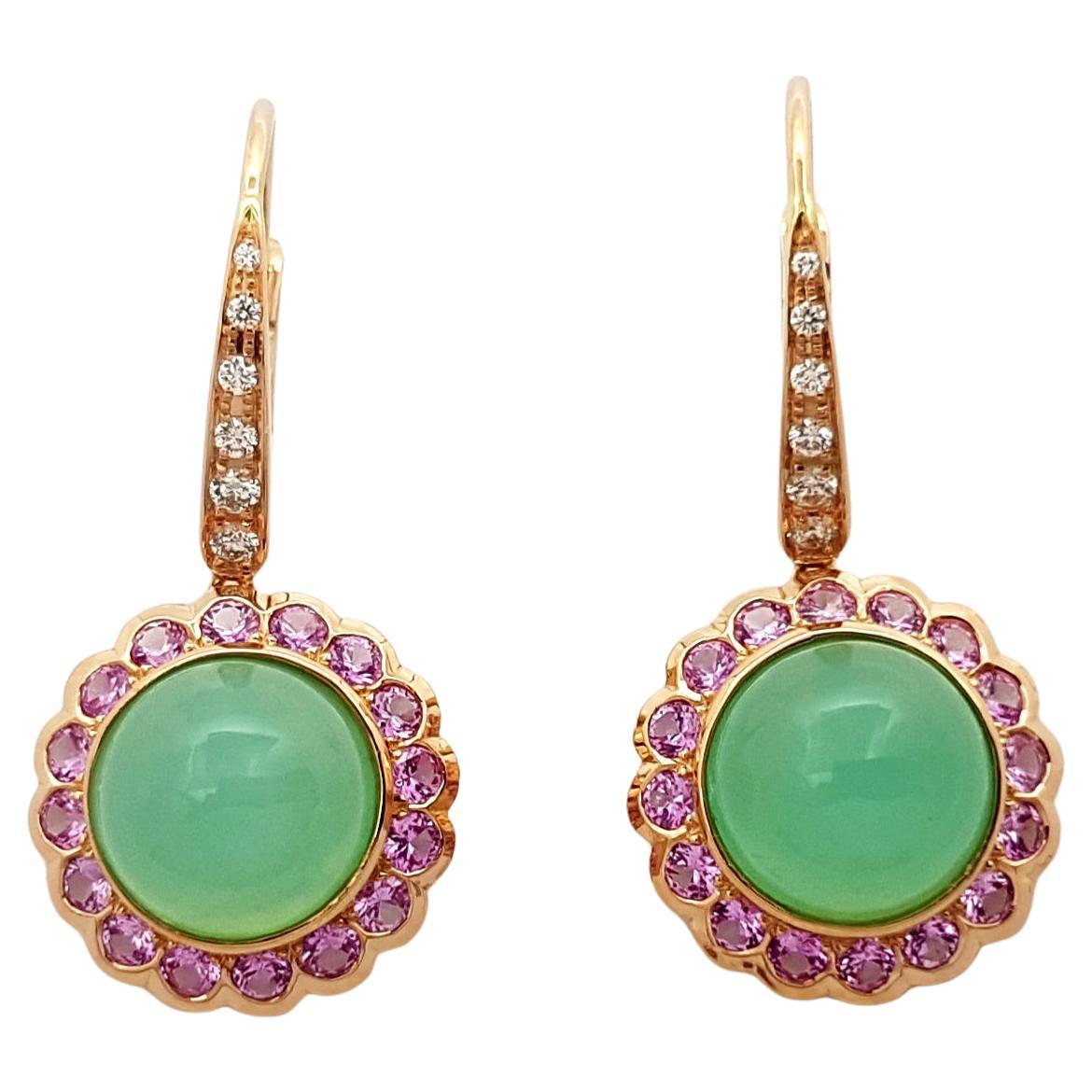 Chrysoprase, Pink Sapphire and Diamond Earrings Set in 18k Rose Gold Settings For Sale