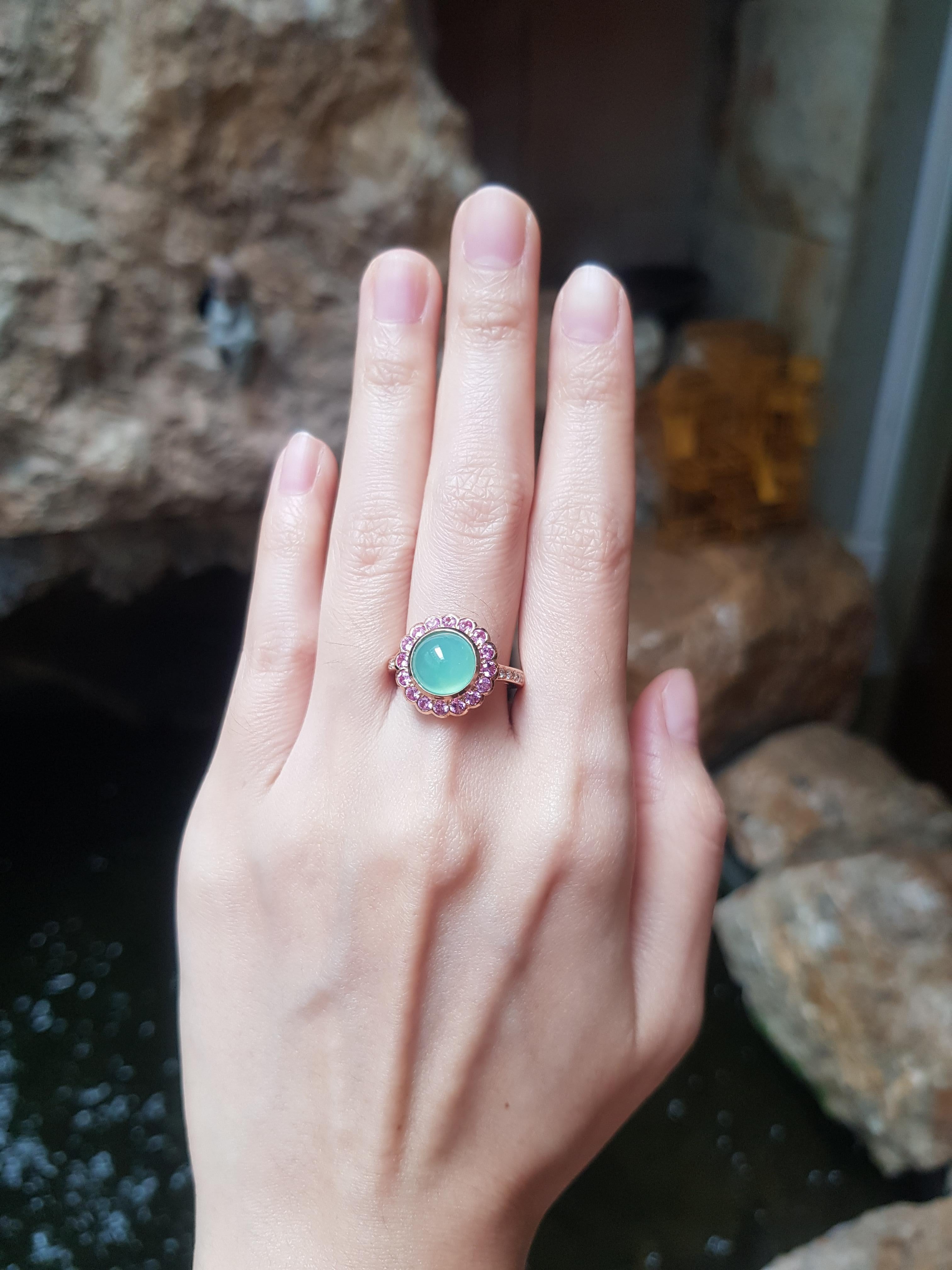 Chrysoprase 3.03 carats, Pink Sapphire 0.79 carats and Diamond 0.10 carat Rings set in 18K Rose Gold Settings

Width:  1.5 cm 
Length: 1.5 cm
Ring Size: 53
Total Weight: 7.14 grams

