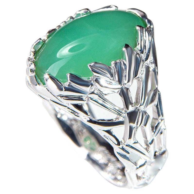 Chrysoprase Ring Unisex Green Oval Cabochon Natural Stone For Sale