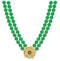 Green Chrysoprase Double Strand 2.43 Ct Sapphire Diamonds Fish Pendant Necklace