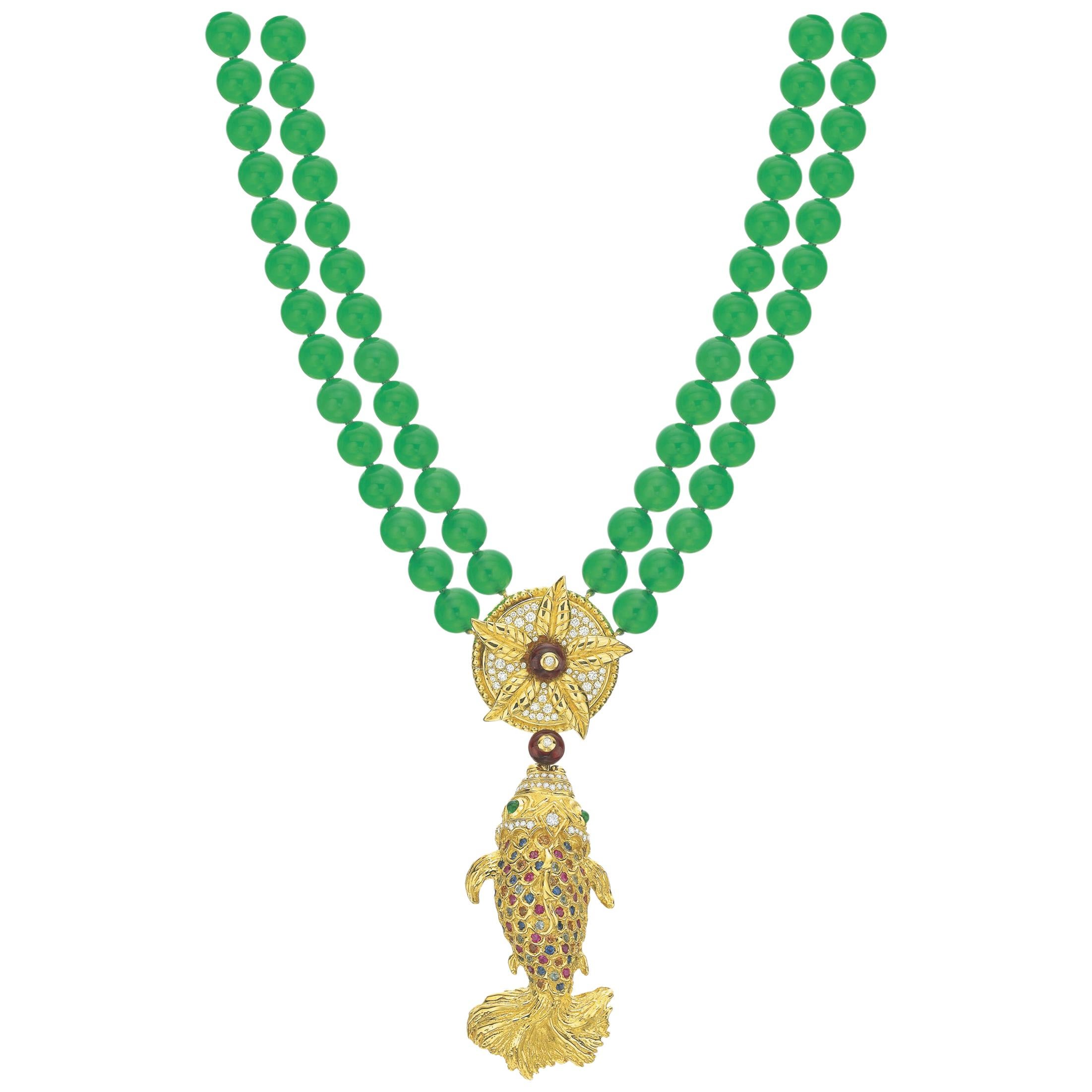 Halskette ""El Pescado" mit Chrysopras, Saphir, Smaragd, Granat und Diamant im Angebot