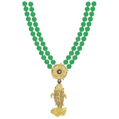 Green Chrysoprase Double Strand 2.43 Ct Sapphire Diamonds Fish Pendant Necklace