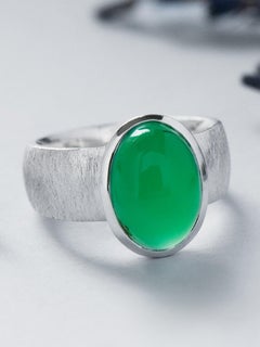 Chrysoprase Scratched Silver Ring Translucent Luminous Neon Green Gemstone