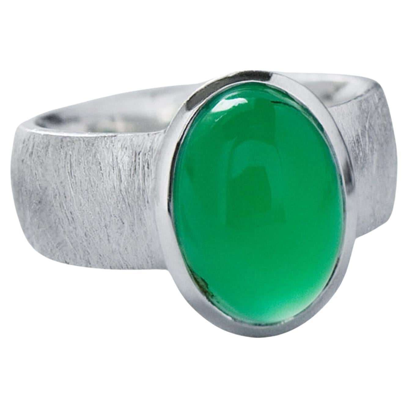 Chrysoprase Scratched Silver Ring Translucent Luminous Neon Green Gemstone