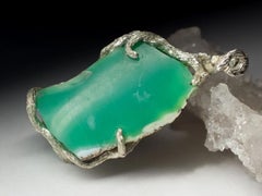 Chrysoprase Silver Pendant Natural Green Gemstone Unisex Statement Jewelry