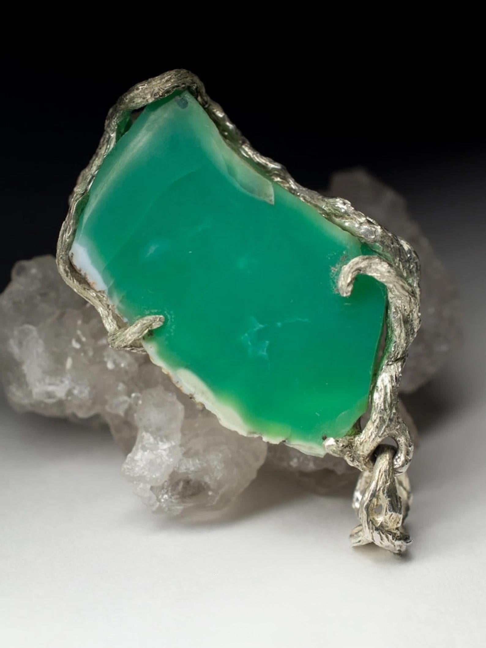 da uomo o donna Ciondolo in argento con crisoprasio, pietra preziosa verde naturale, gioielleria unisex di dichiarazione in vendita