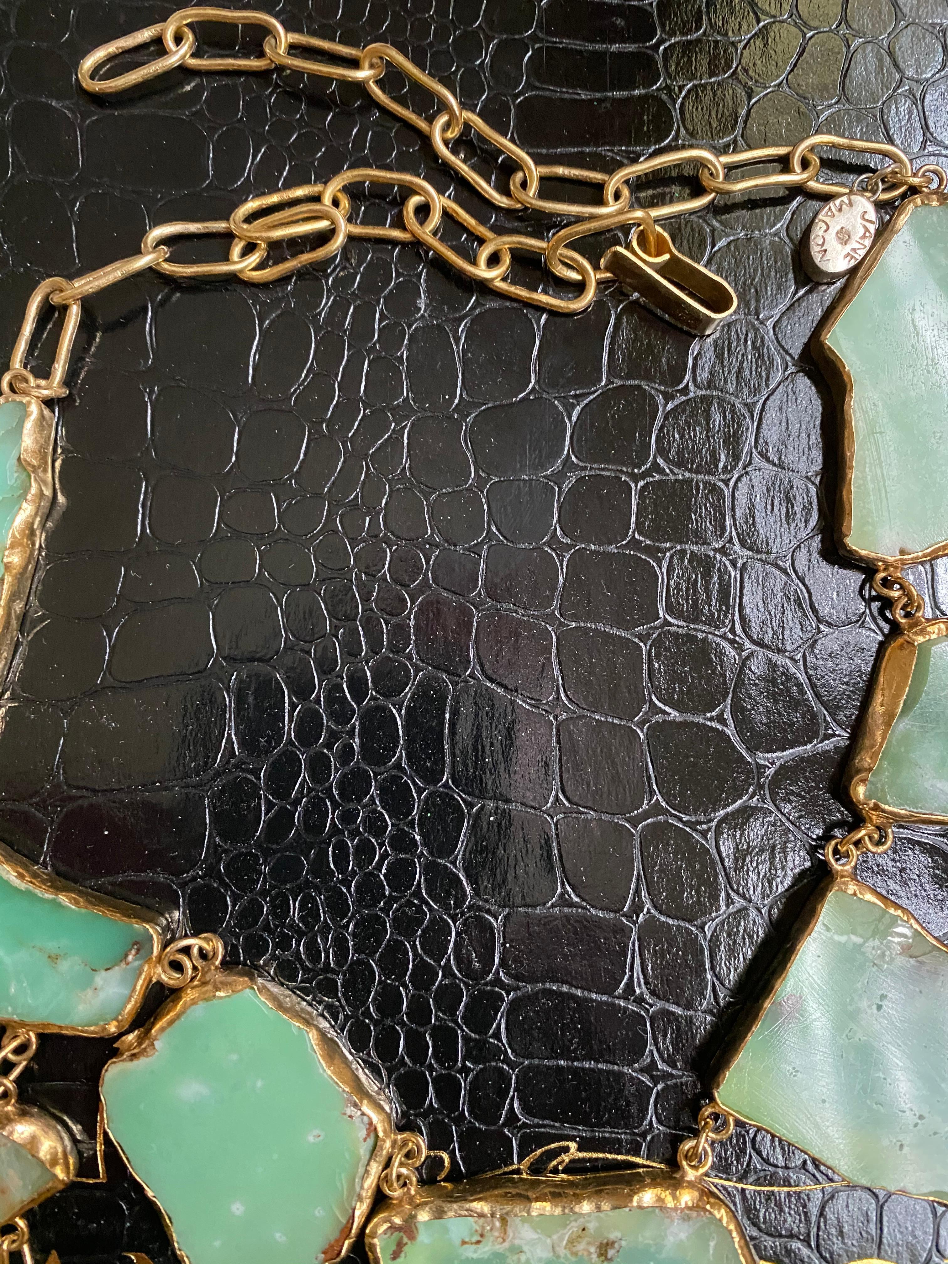 Contemporary Chrysoprase Slab Chest Piece in Heavy Gold-Plated Silver Statement Necklace For Sale