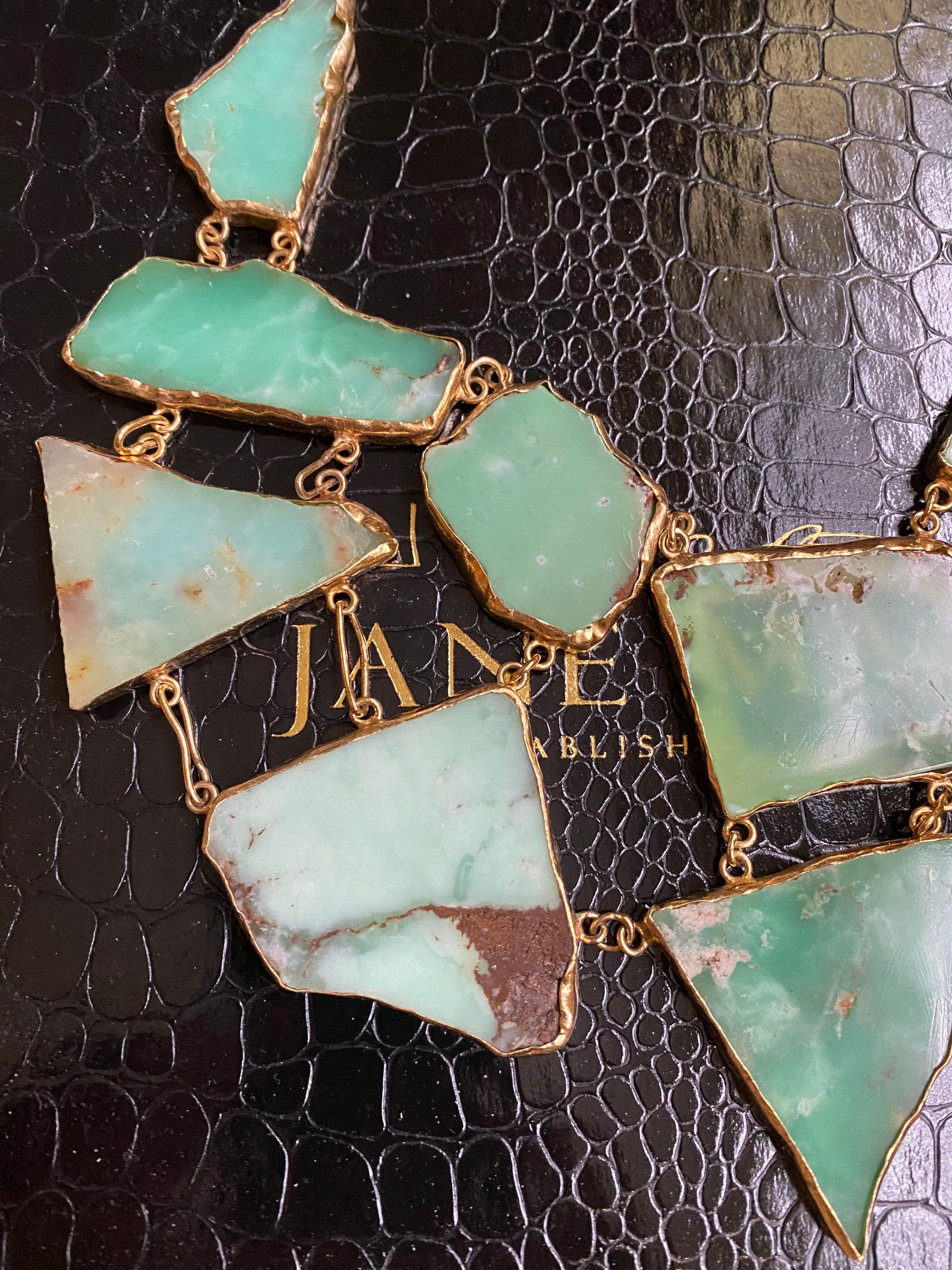 Chrysoprase Slab Chest Piece in Heavy Gold-Plated Silver Statement Necklace In Excellent Condition For Sale In New York, NY