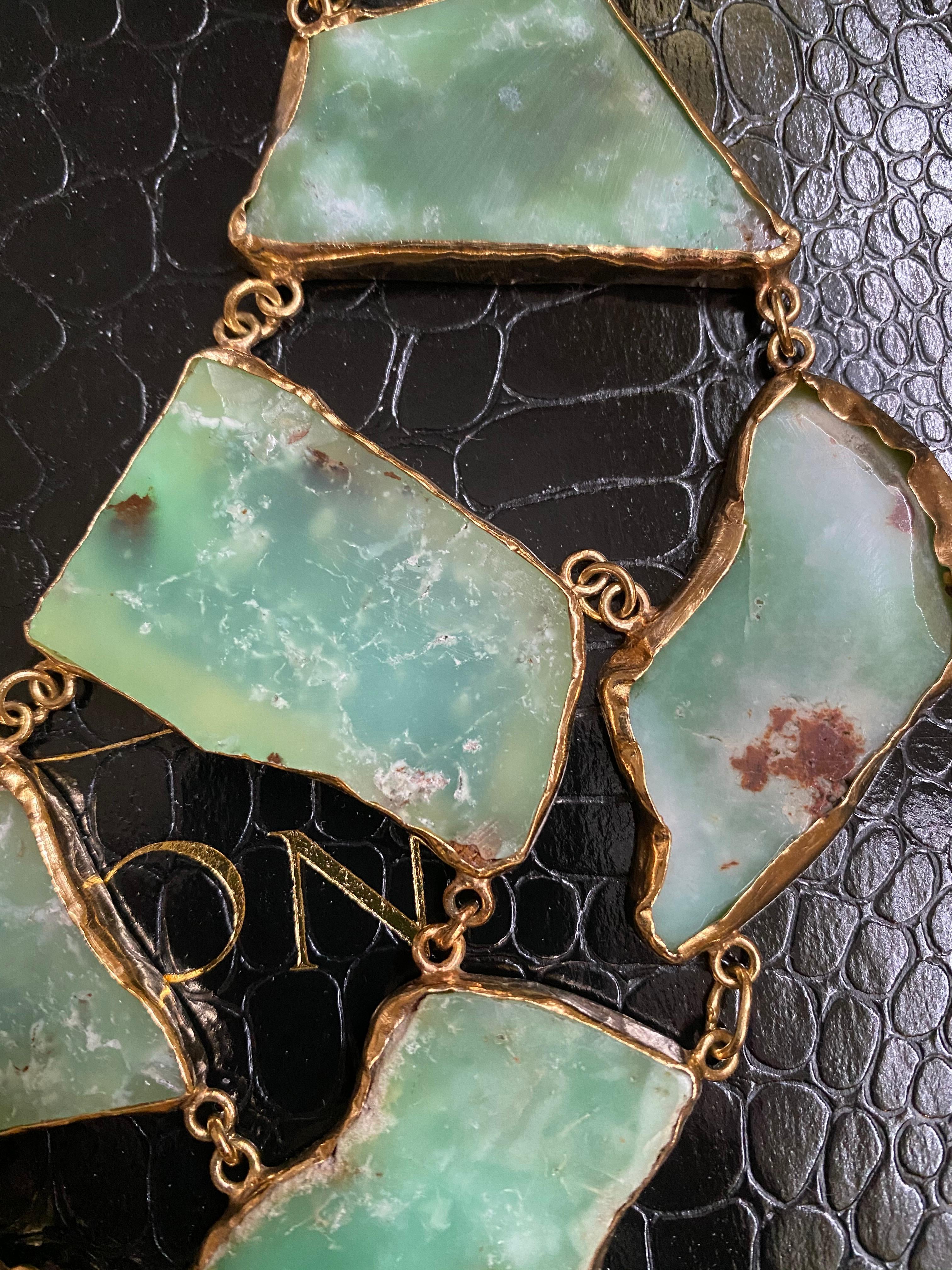 Women's or Men's Chrysoprase Slab Chest Piece in Heavy Gold-Plated Silver Statement Necklace For Sale