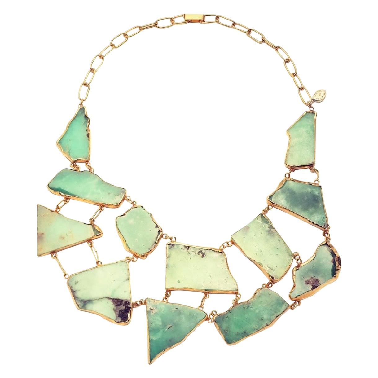 Chrysoprase Slab Chest Piece in Heavy Gold-Plated Silver Statement Necklace For Sale