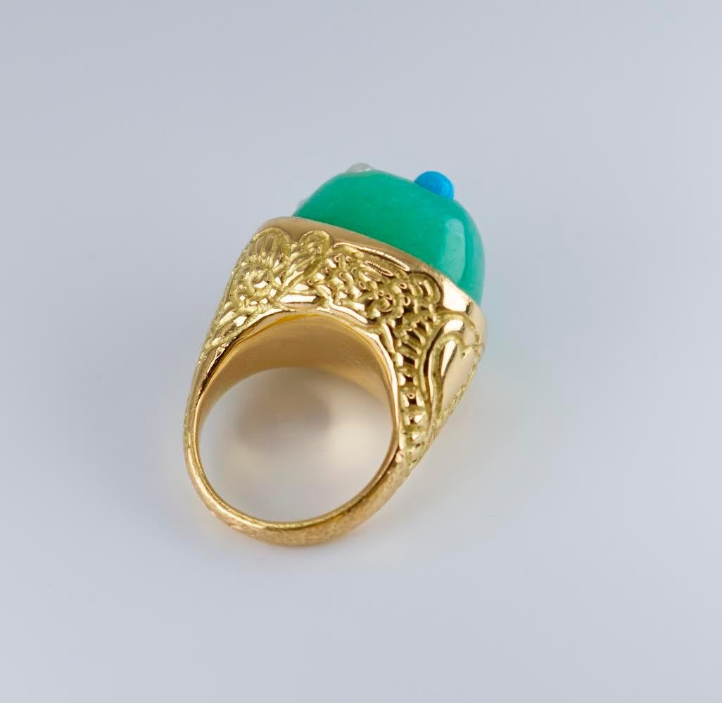 Women's or Men's Chrysoprase Turquoise and Pearl 18k Gold 