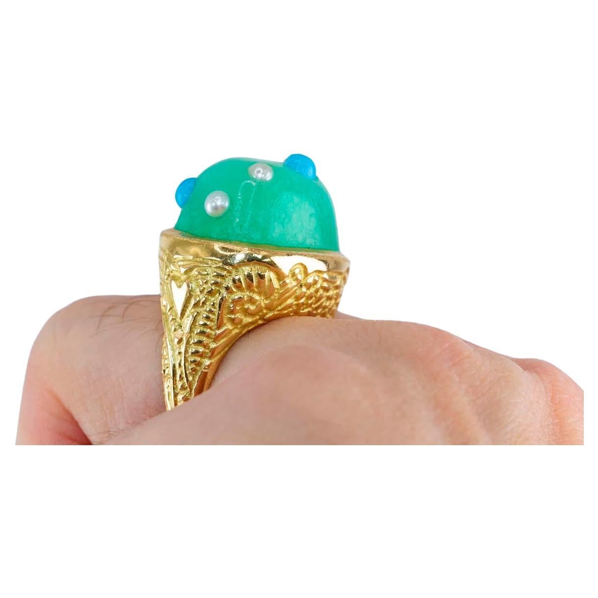 Chrysoprase Turquoise and Pearl 18k Gold "BONBON" Ring -Binliang Alexander Peng  For Sale