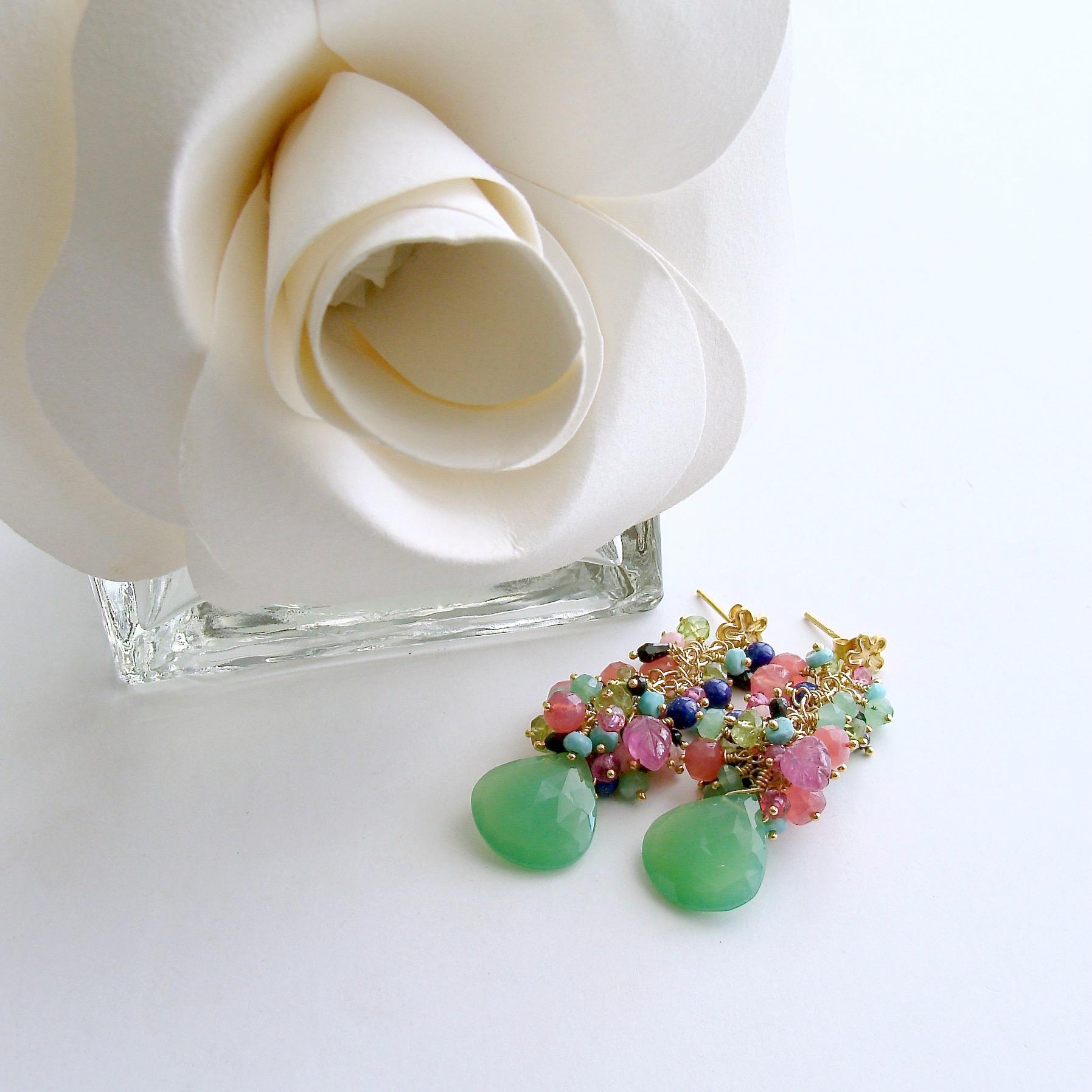 Artisan Chrysoprase Turquoise Peridot Lapis Spinel Pink Sapphire Leaves Cluster Earrings