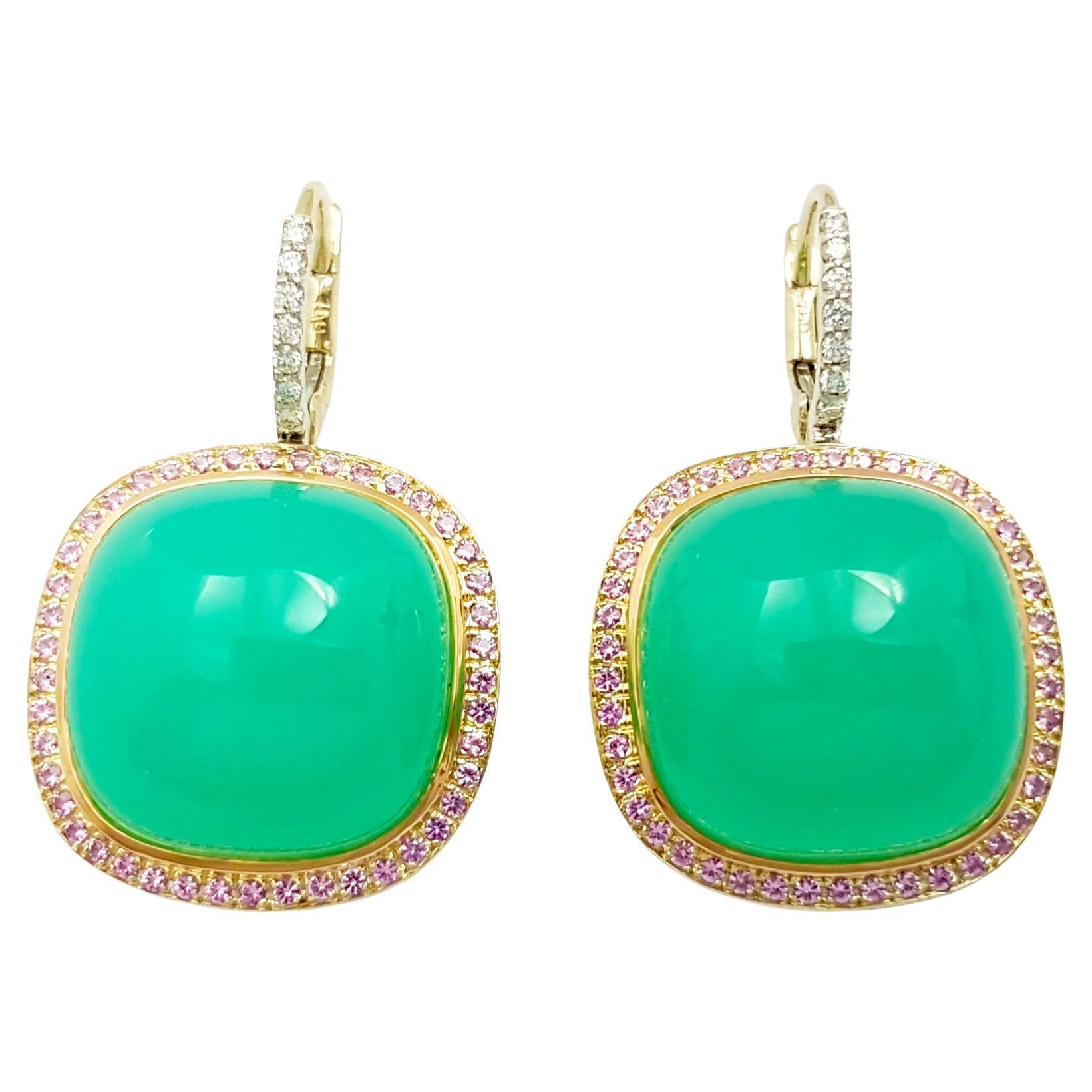 Chrysoprase with Pink Sapphire and Diamond Earrings set in 18K Gold Settings
