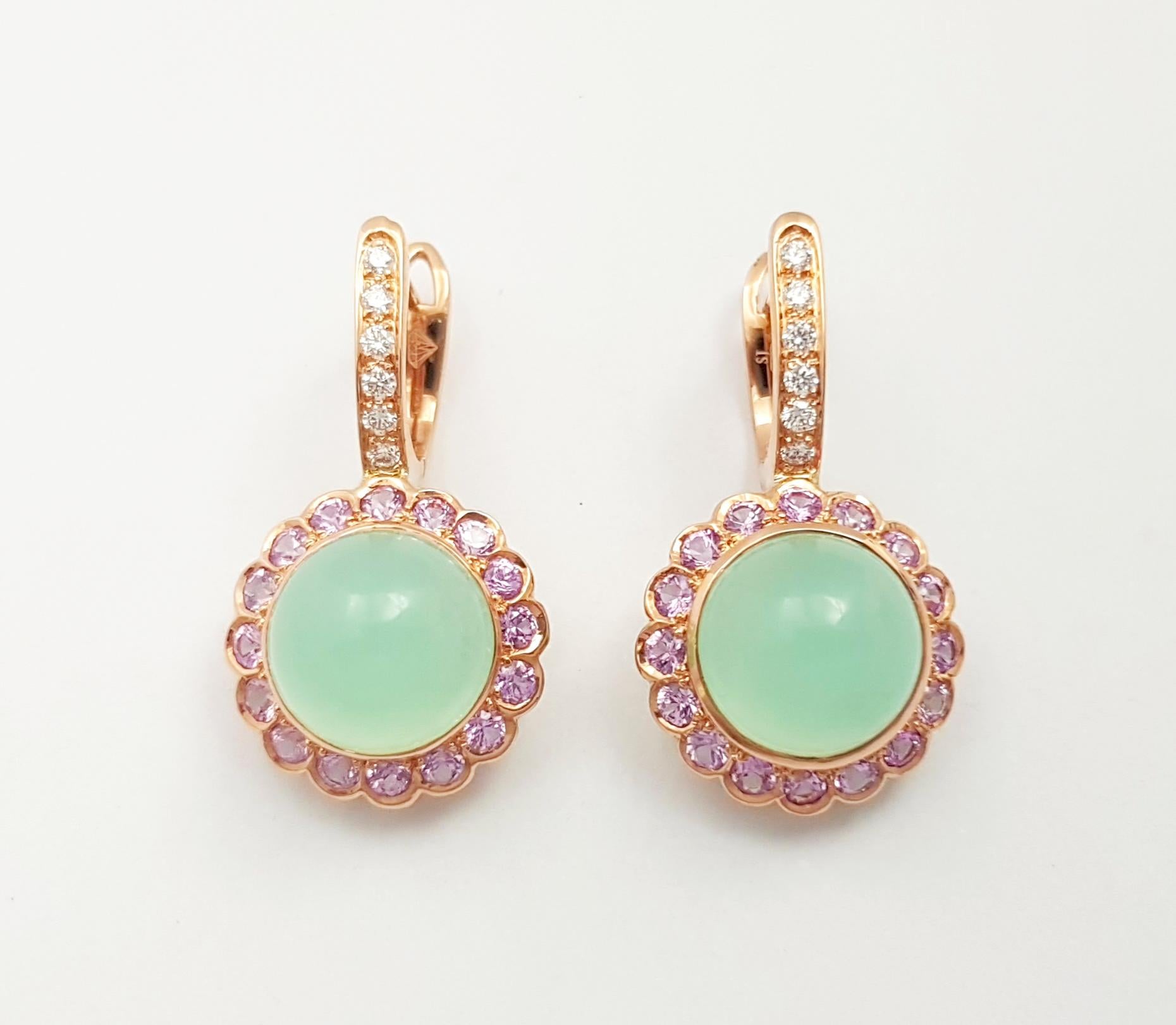 Contemporary Chrysoprase with Pink Sapphire and Diamond Earrings set in 18K Rose Gold Setting For Sale