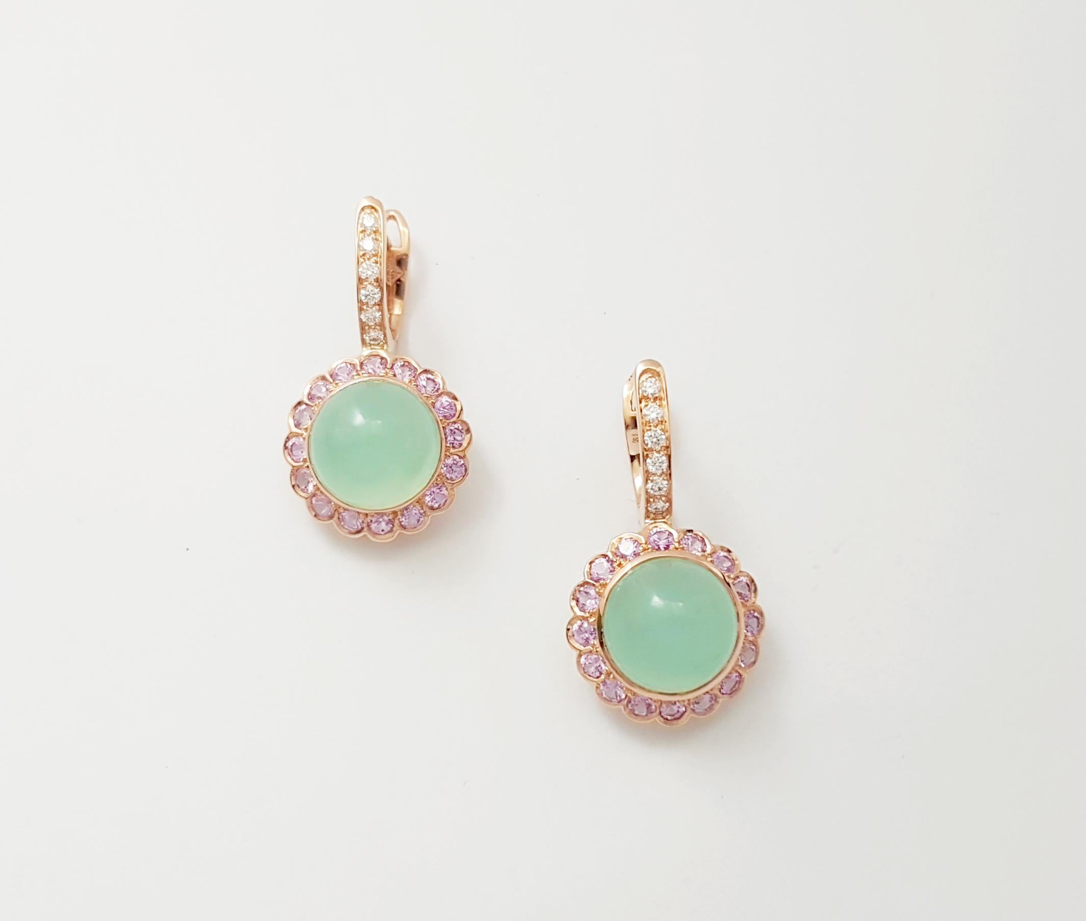Uncut Chrysoprase with Pink Sapphire and Diamond Earrings set in 18K Rose Gold Setting For Sale