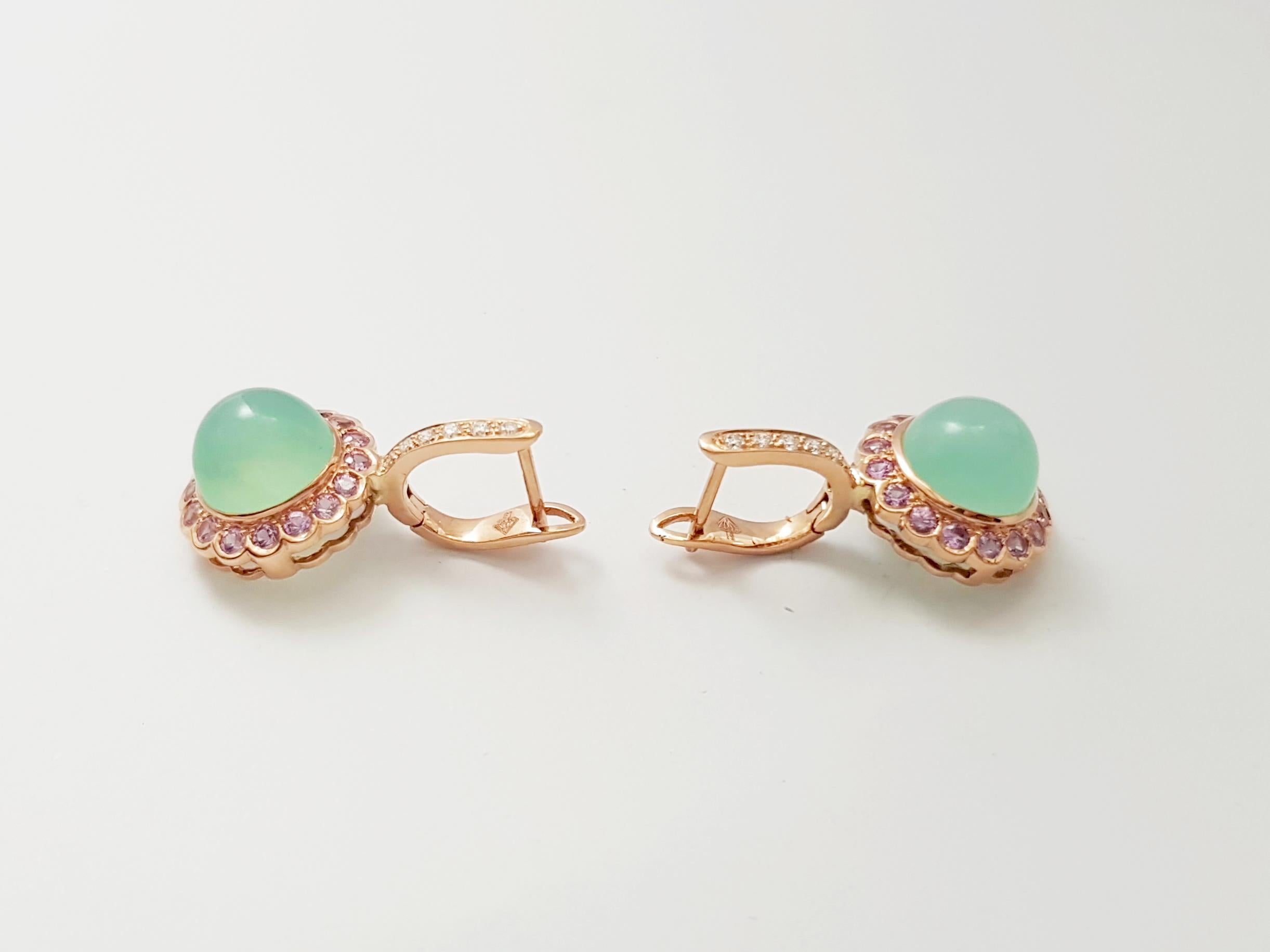 Chrysoprase with Pink Sapphire and Diamond Earrings set in 18K Rose Gold Setting In New Condition For Sale In Bangkok, TH