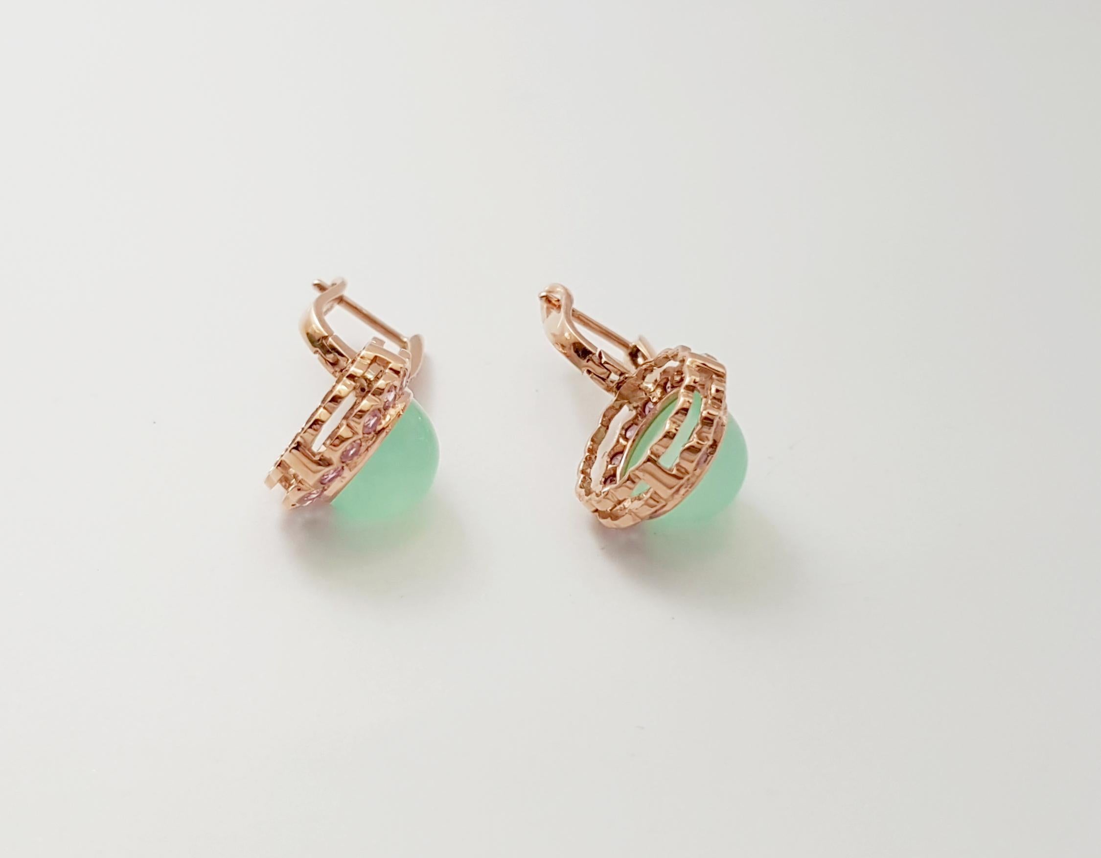 Chrysoprase with Pink Sapphire and Diamond Earrings set in 18K Rose Gold Setting For Sale 1