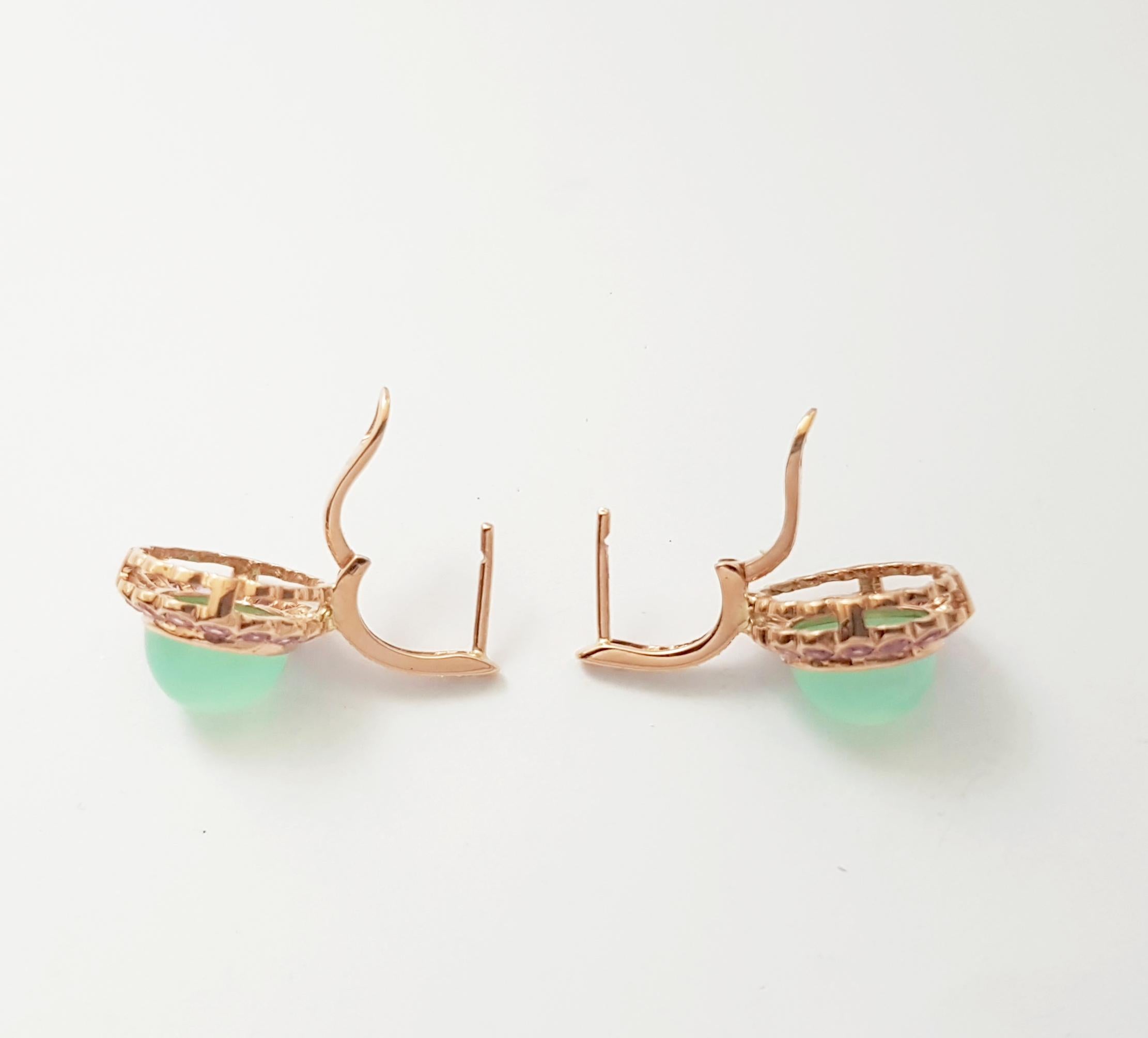 Chrysoprase with Pink Sapphire and Diamond Earrings set in 18K Rose Gold Setting For Sale 2
