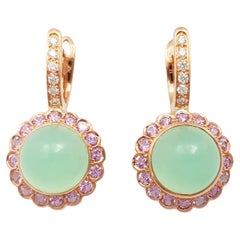 Orecchini di crisoprasio con zaffiro rosa e diamante in oro rosa 18 carati