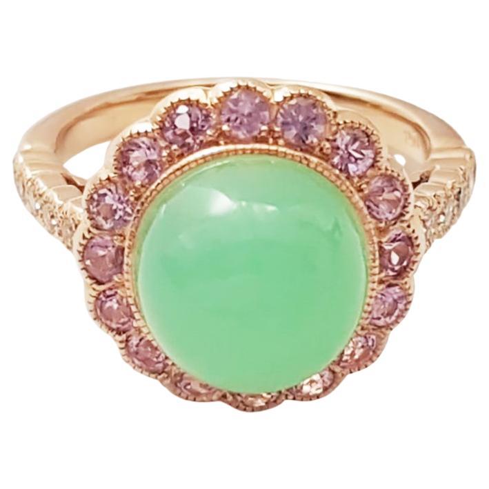 Chrysoprase with Pink Sapphire and Diamond Rings set in 18K Rose Gold Settings