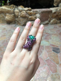 Chrysoprase with Ruby, Diamond and Tsavorite Lobster Ring Set in 18K White Gold