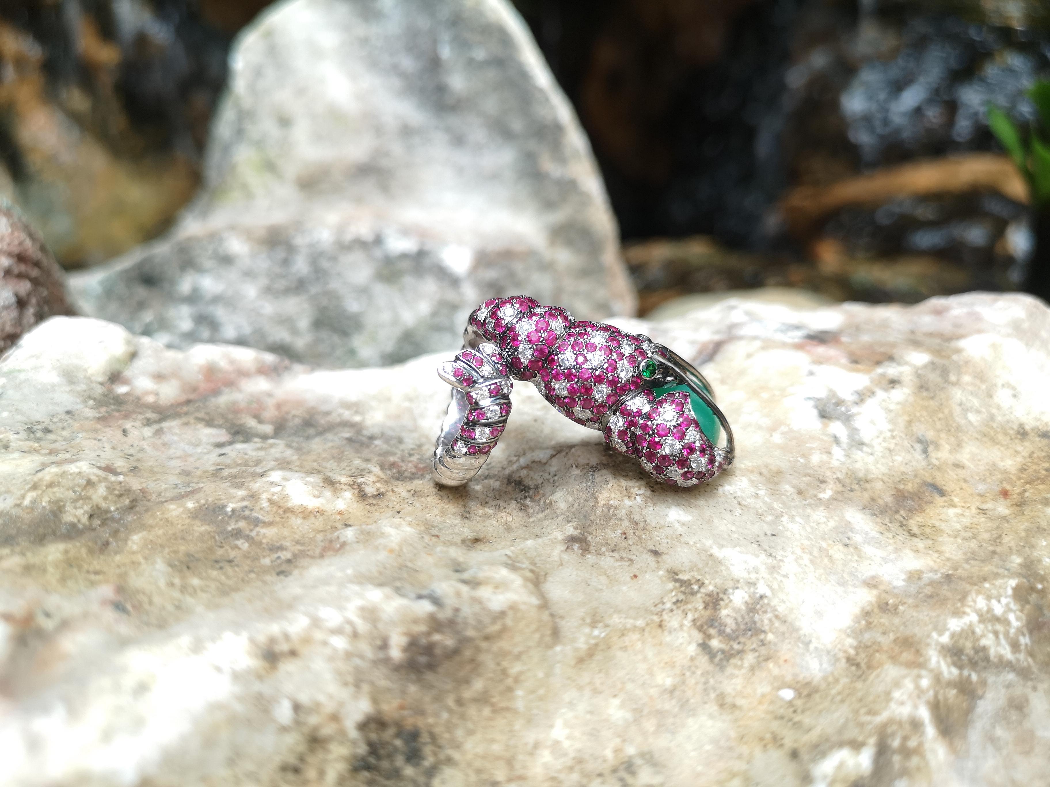 Cabochon Chrysoprase with Ruby, Diamond and Tsavorite Lobster Ring Set in 18K White Gold For Sale