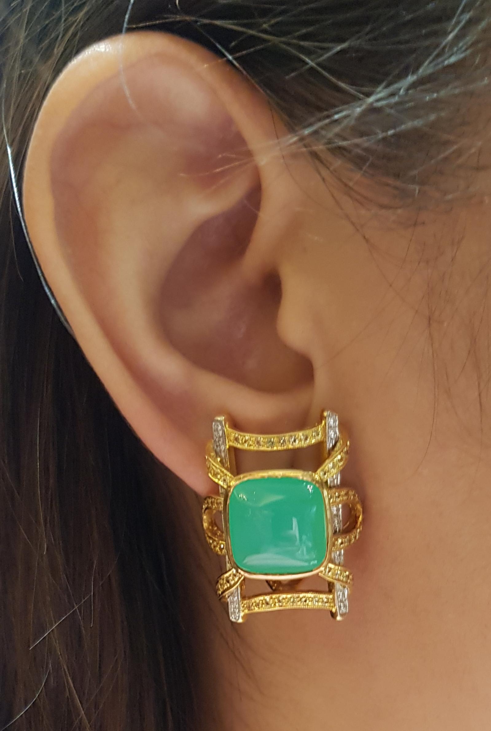 Chrysoprase 15.24 carats with Yellow Sapphire 1.34 carats and Diamond 0.30 carat Earrings set in 18 Karat Gold Settings

Width:  2.3 cm 
Length:  2.8 cm
Total Weight: 22.41 grams

