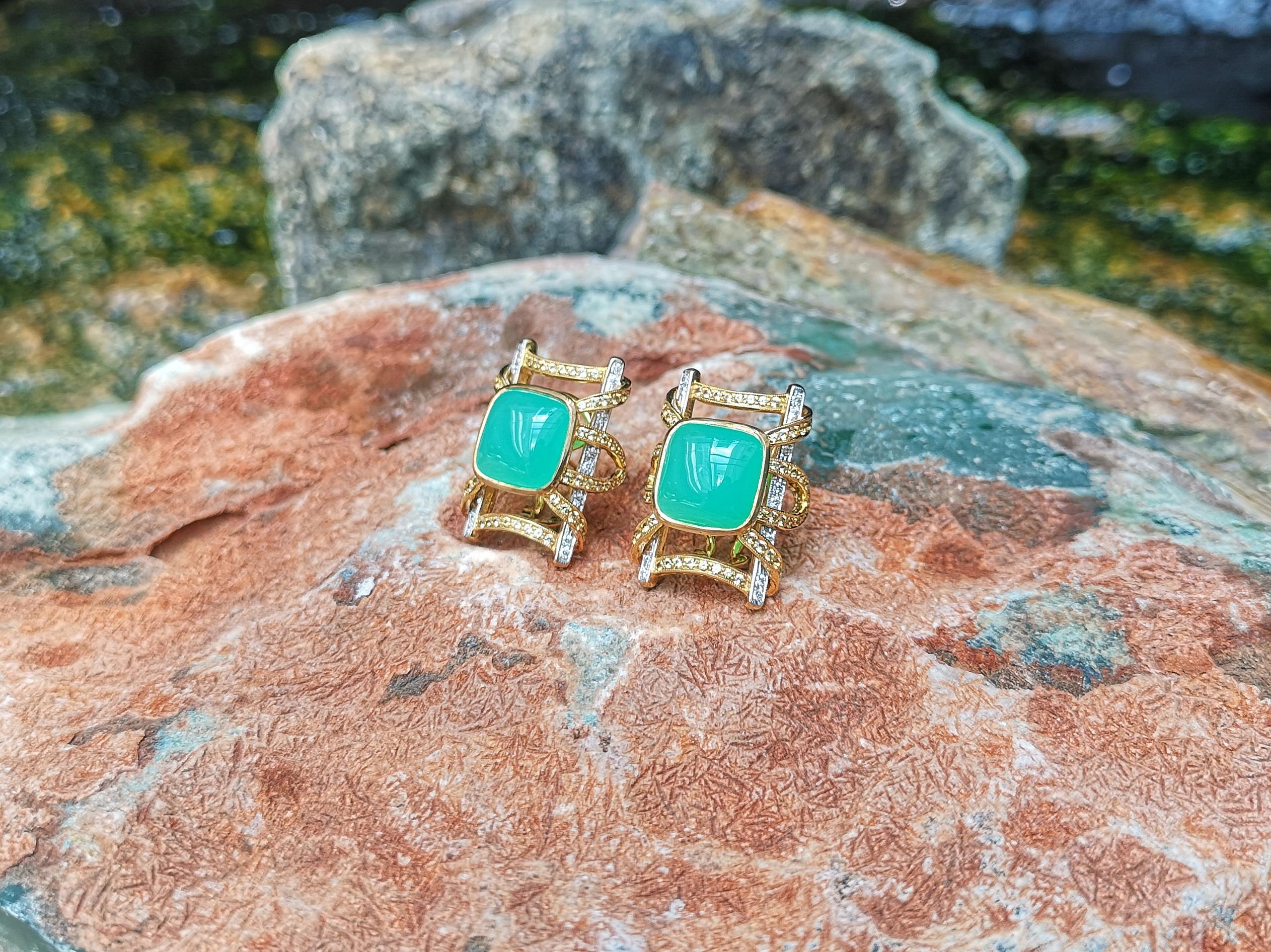 Mixed Cut Chrysoprase, Yellow Sapphire and Diamond Earrings in 18K Gold For Sale