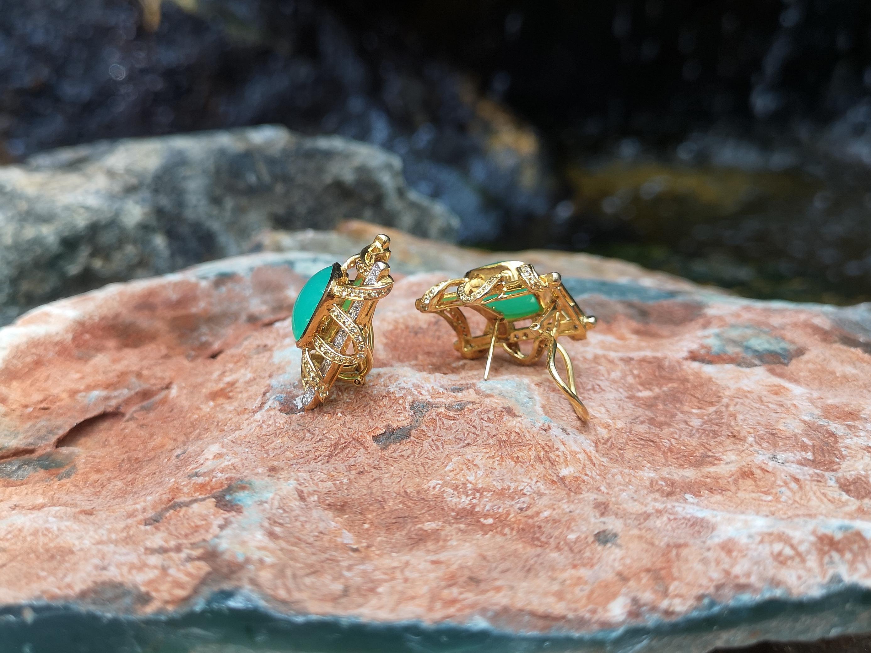 Chrysoprase, Yellow Sapphire and Diamond Earrings in 18k Gold For Sale 1