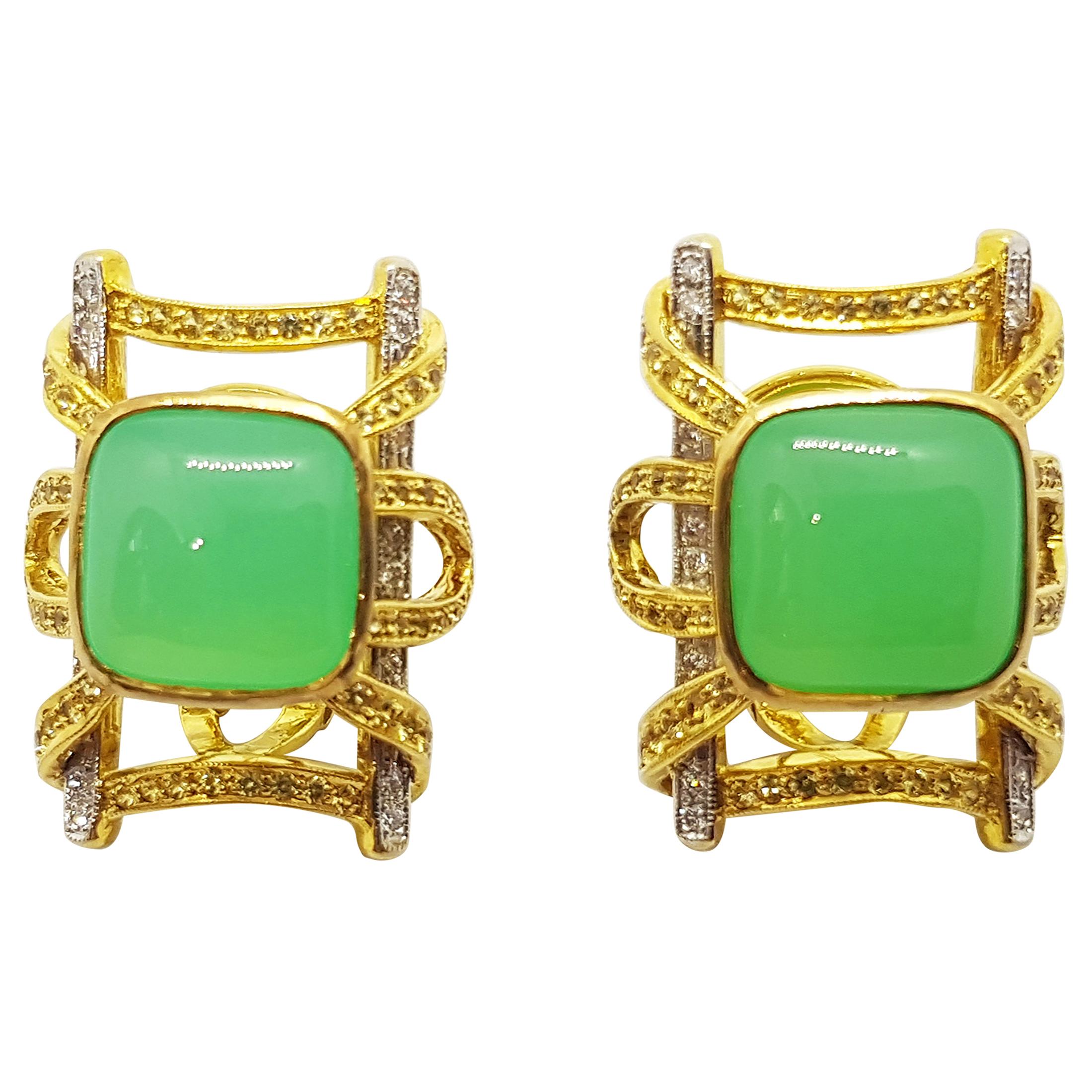 Chrysoprase, Yellow Sapphire and Diamond Earrings in 18K Gold For Sale