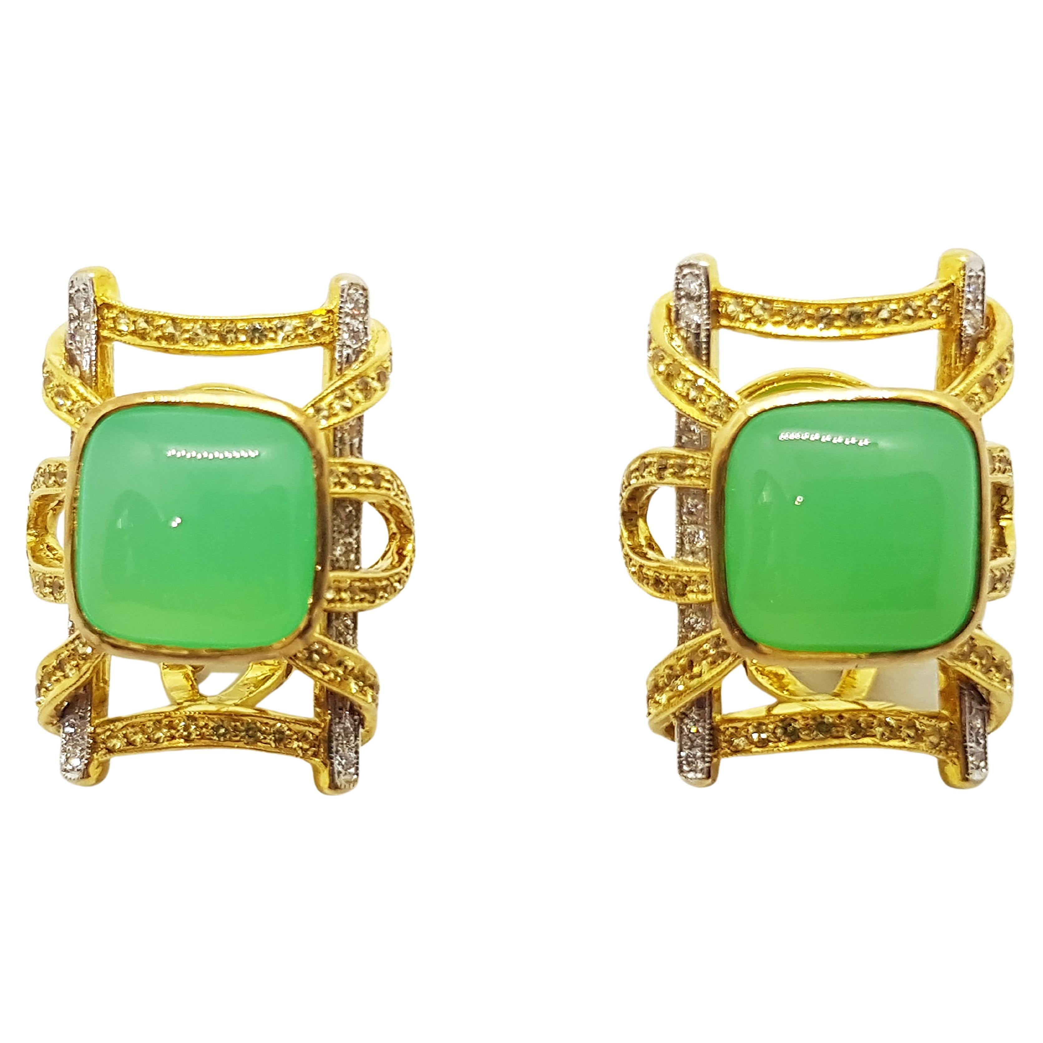 Chrysoprase, Yellow Sapphire and Diamond Earrings in 18k Gold For Sale