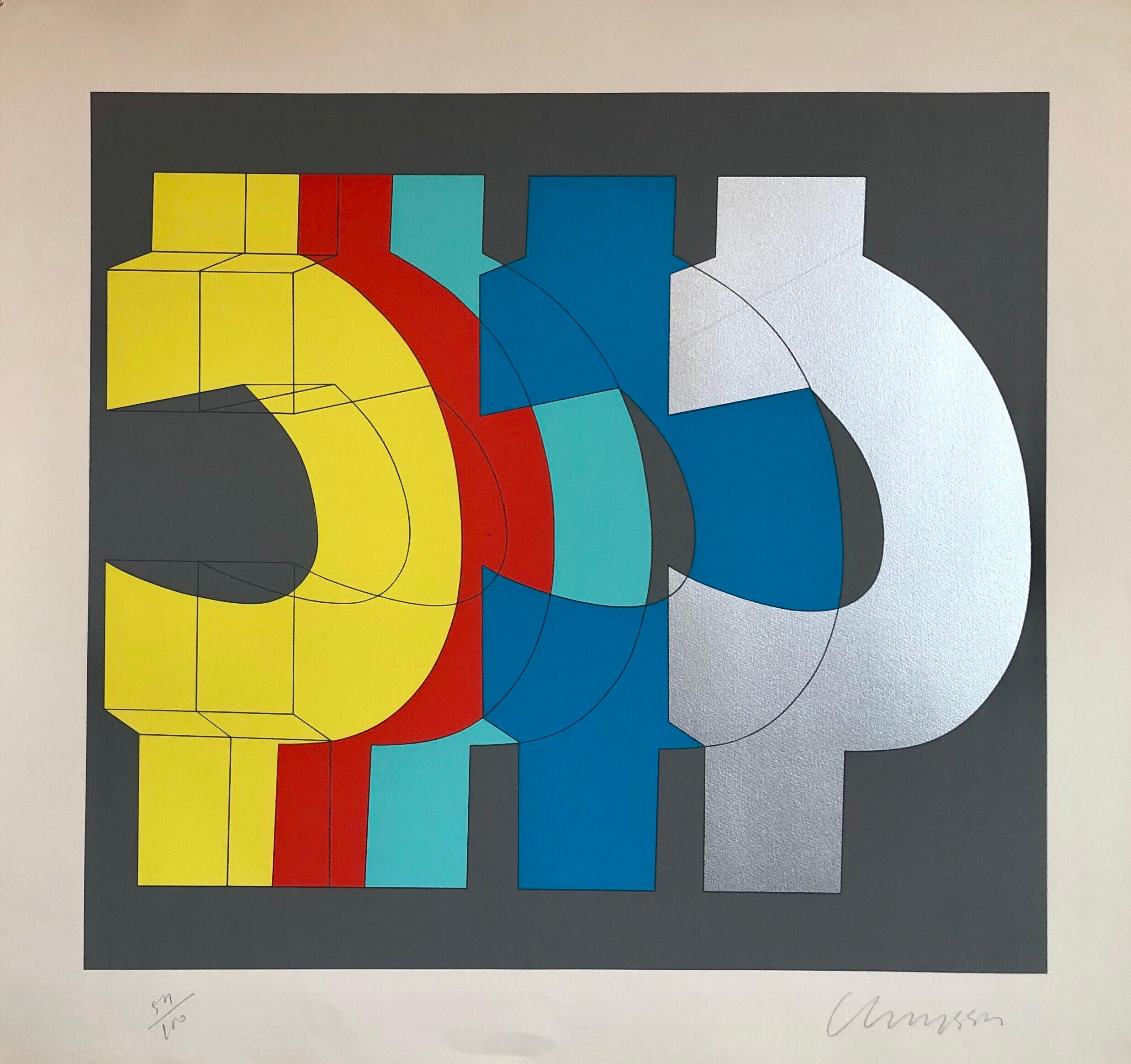 Chryssa Vardea-Mavromichali Abstract Print - 1970's Large Silkscreen Abstract Geometric  Day Glo Serigraph Pop Art Print Chin