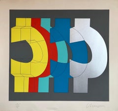 1970's Large Silkscreen Abstract Geometric  Day Glo Serigraph Pop Art Print Chin