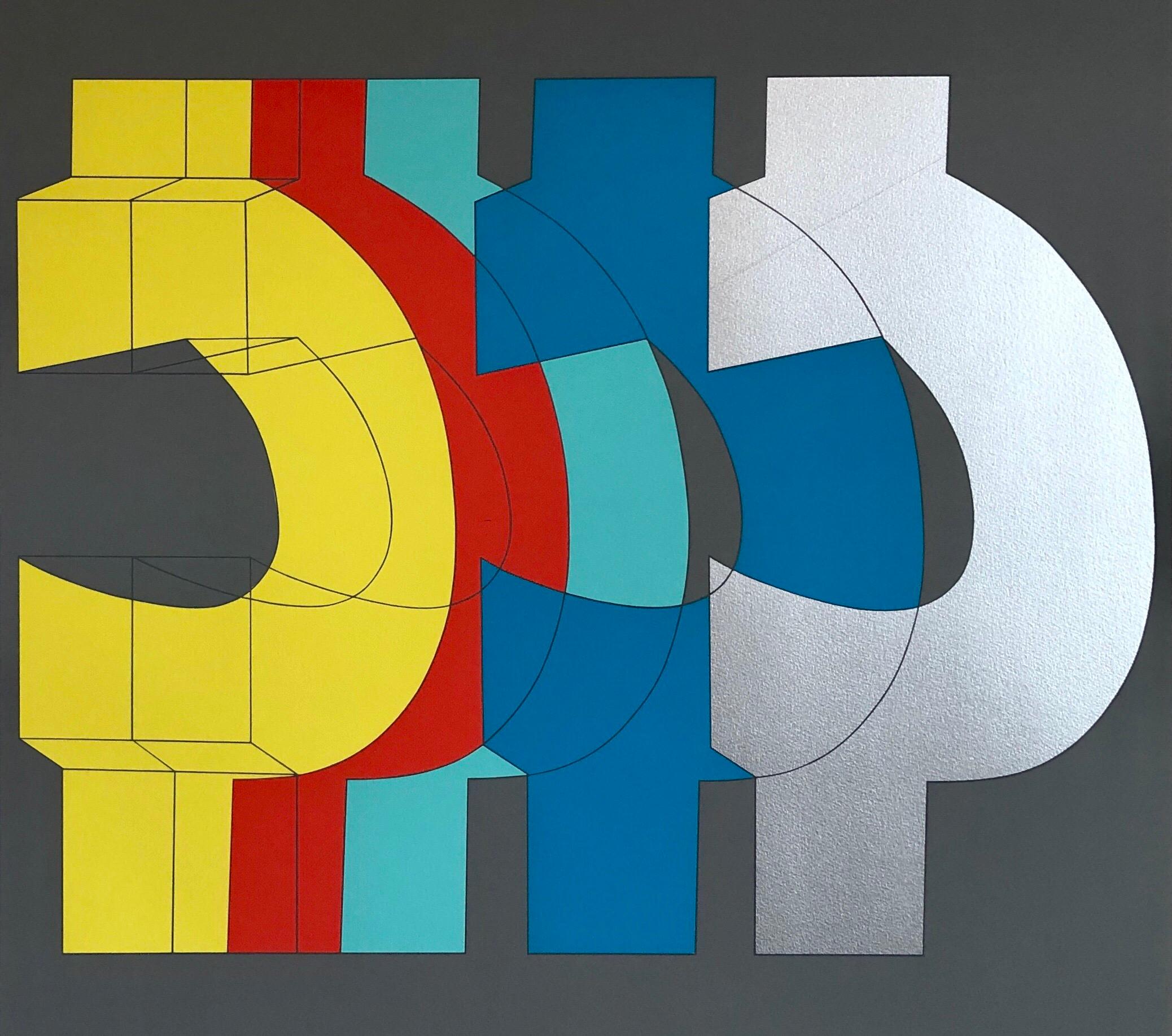 1970's Large Silkscreen Abstract Geometric Day Glo Serigraph Pop Art Print China - Beige Abstract Print by Chryssa Vardea-Mavromichali