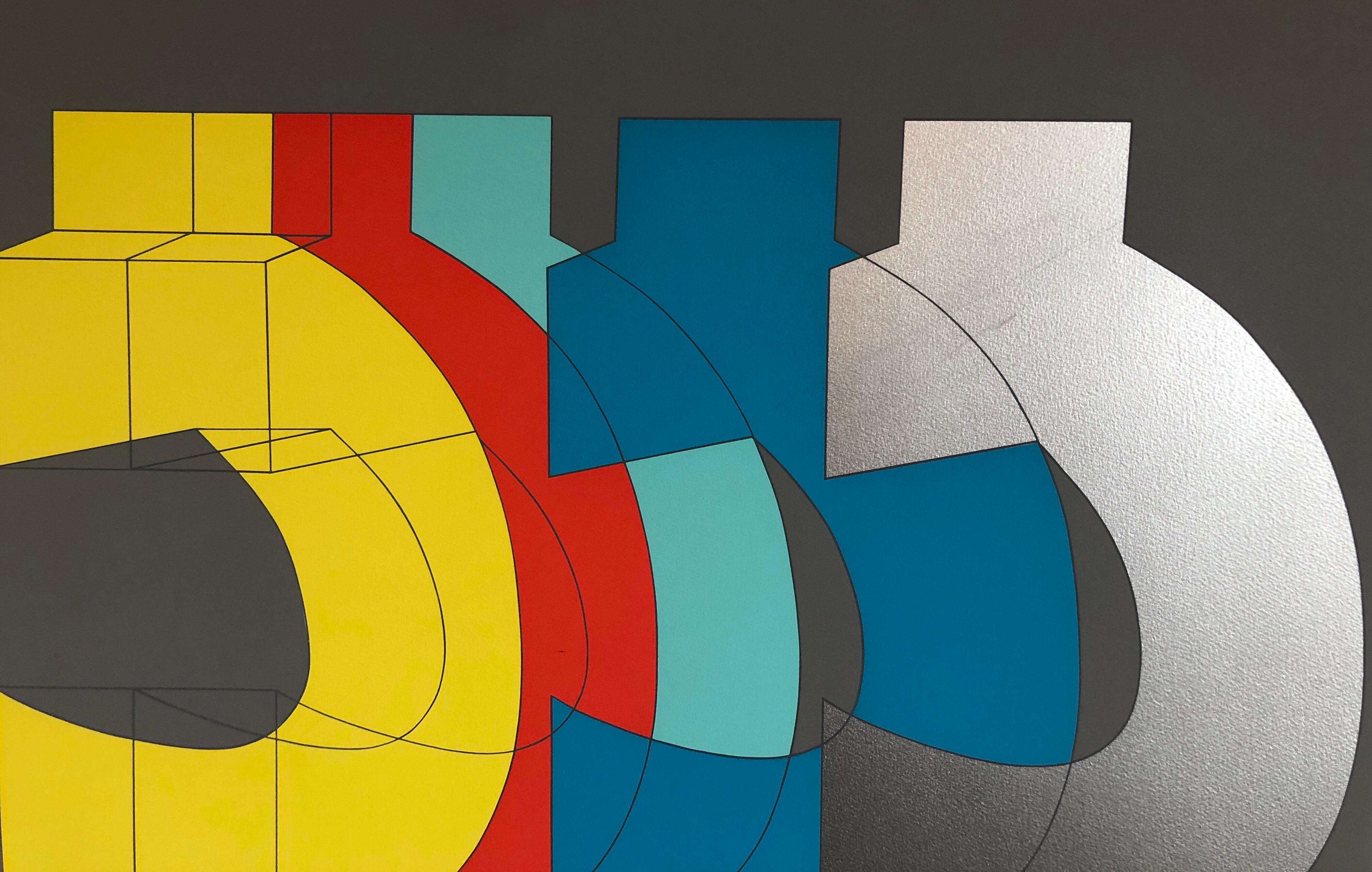 1970's Large Silkscreen Abstract Geometric Day Glo Serigraph Pop Art Print China 2