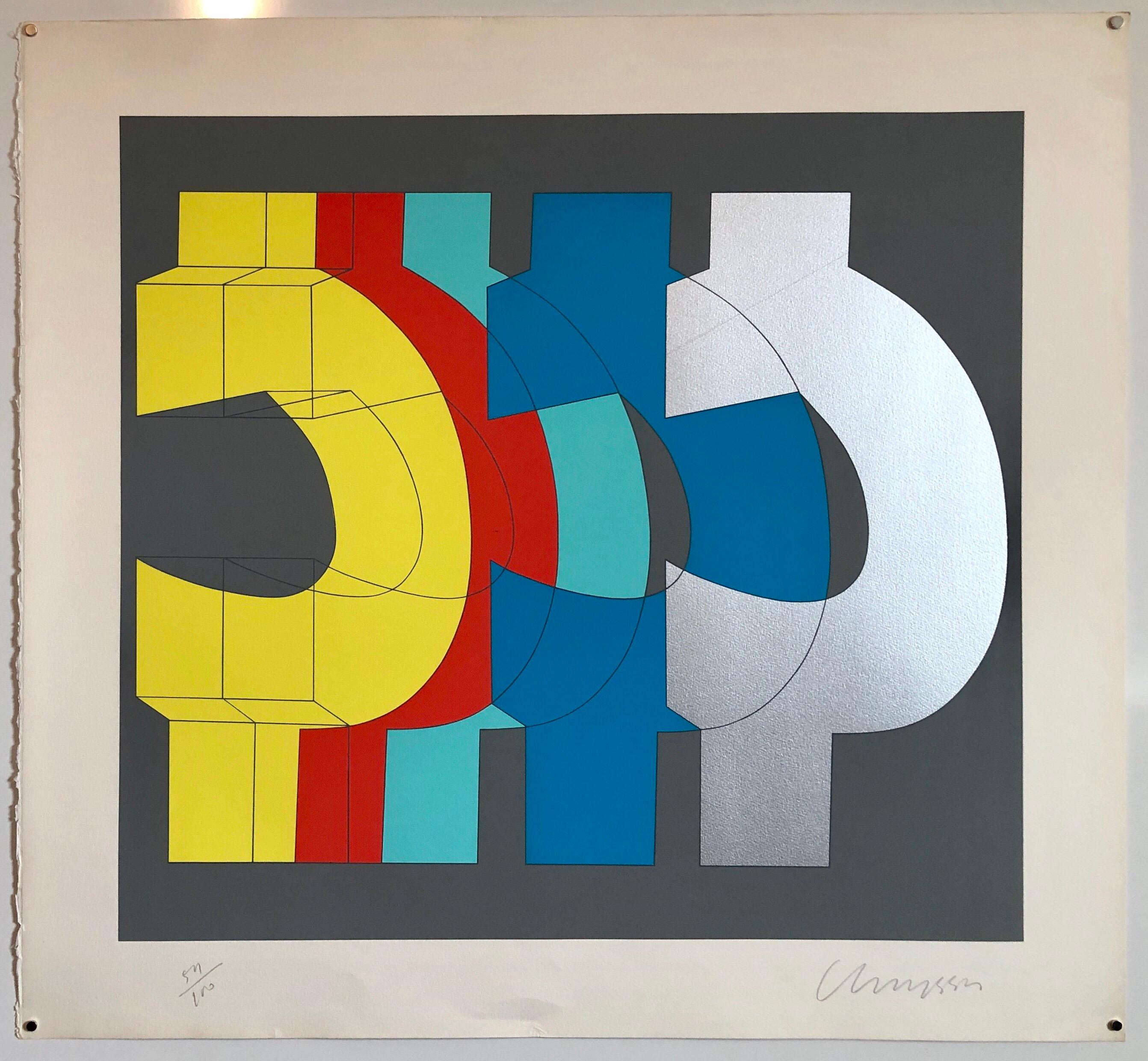 1970's Large Silkscreen Abstract Geometric Day Glo Serigraph Pop Art Print China 3