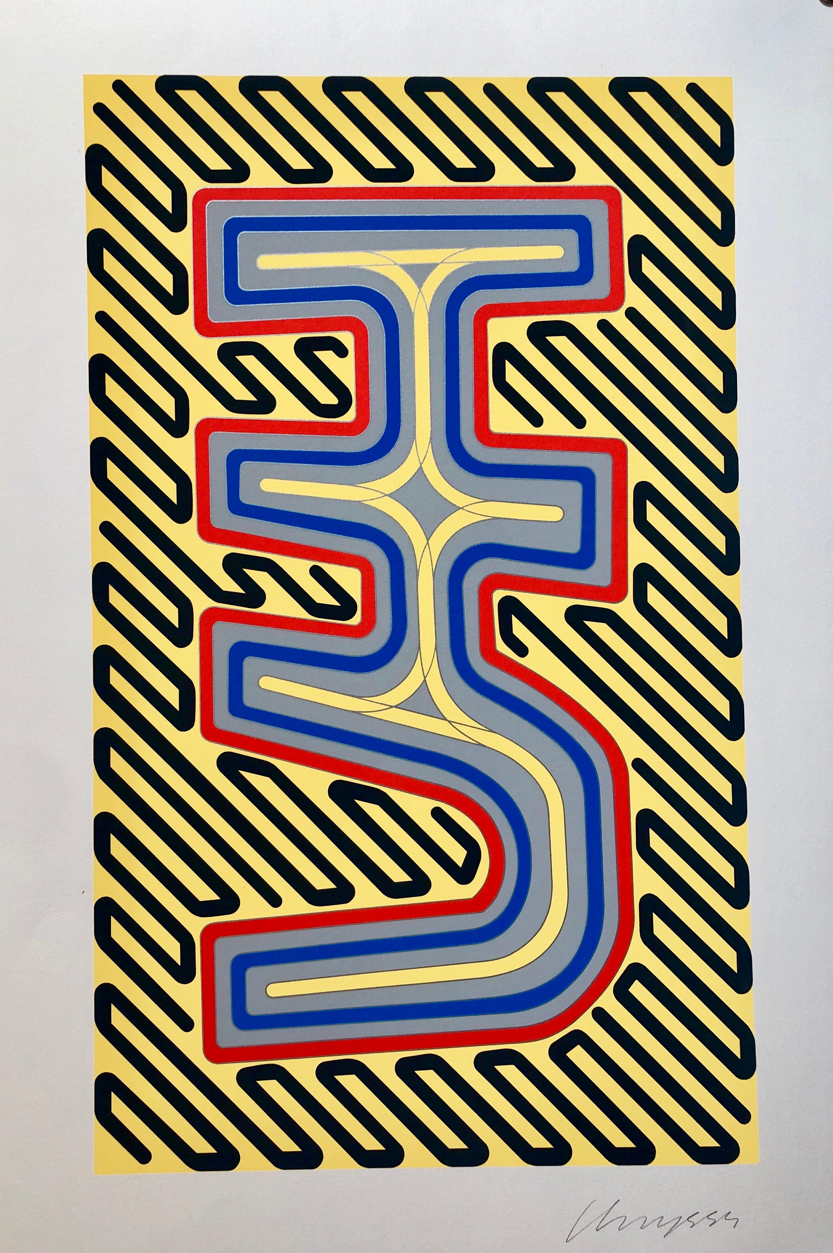 Grand sérigraphie en soie géométrique abstraite des années 1970, sérigraphie Pop Art Neon - Print de Chryssa Vardea-Mavromichali