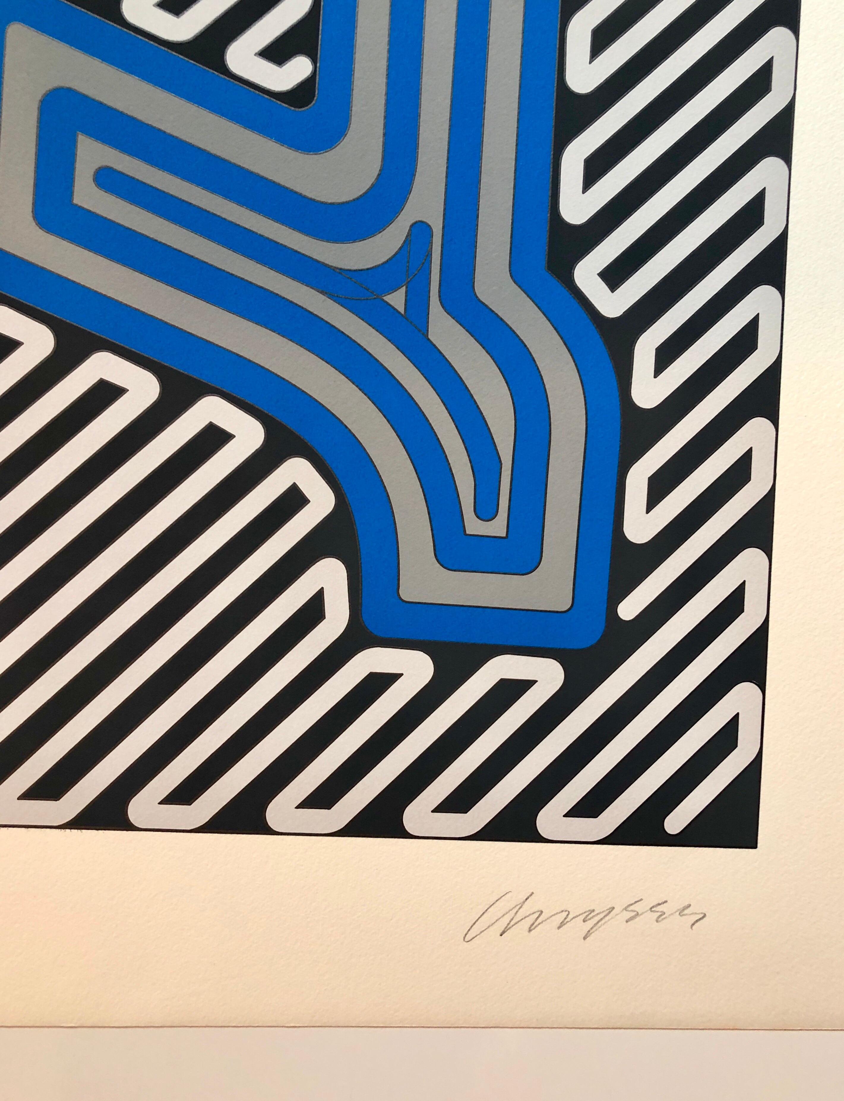 Grand sérigraphie en soie géométrique abstraite des années 1970, sérigraphie Pop Art Neon - Print de Chryssa Vardea-Mavromichali