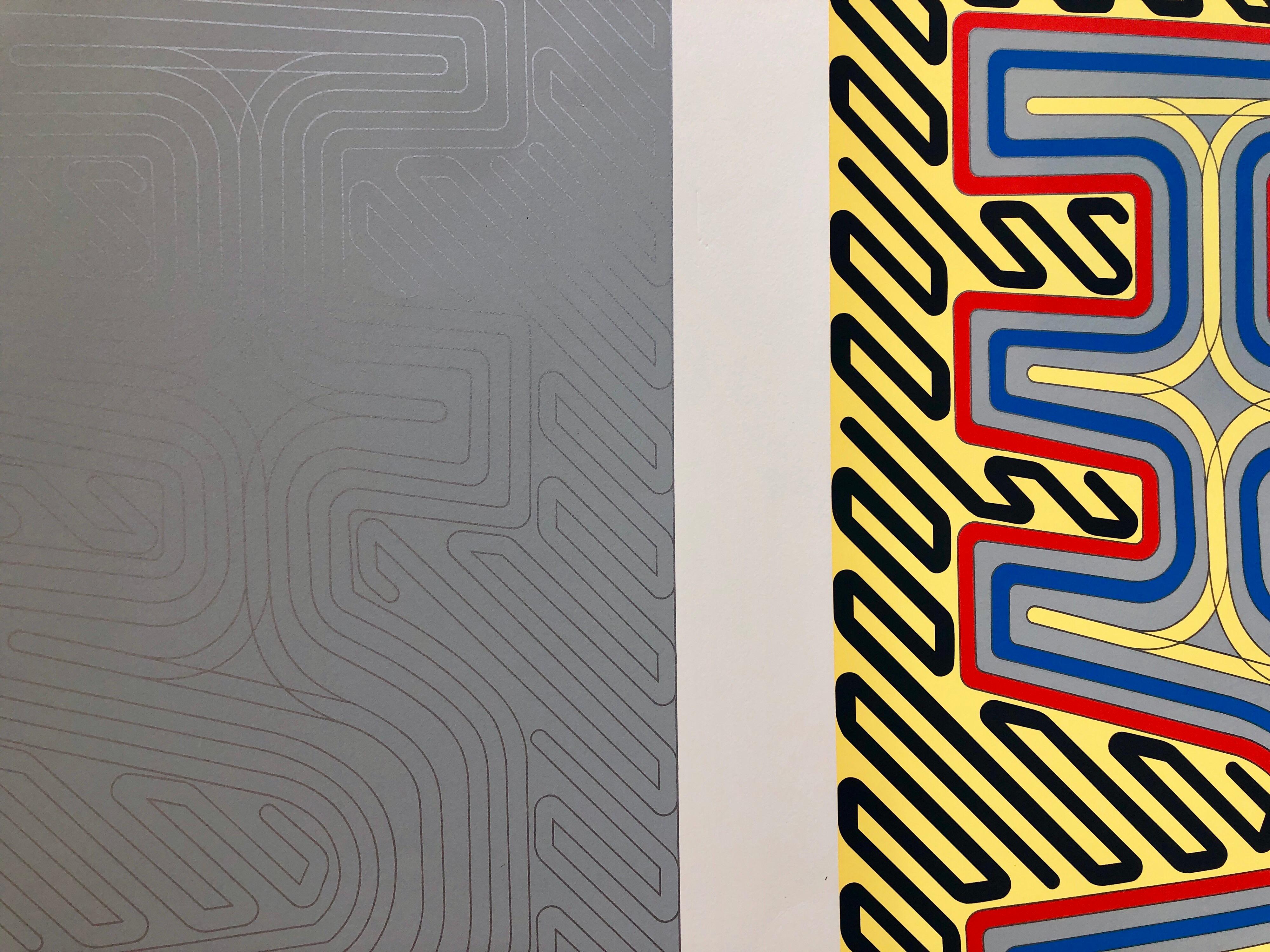 Grand sérigraphie en soie géométrique abstraite des années 1970, sérigraphie Pop Art Neon en vente 1