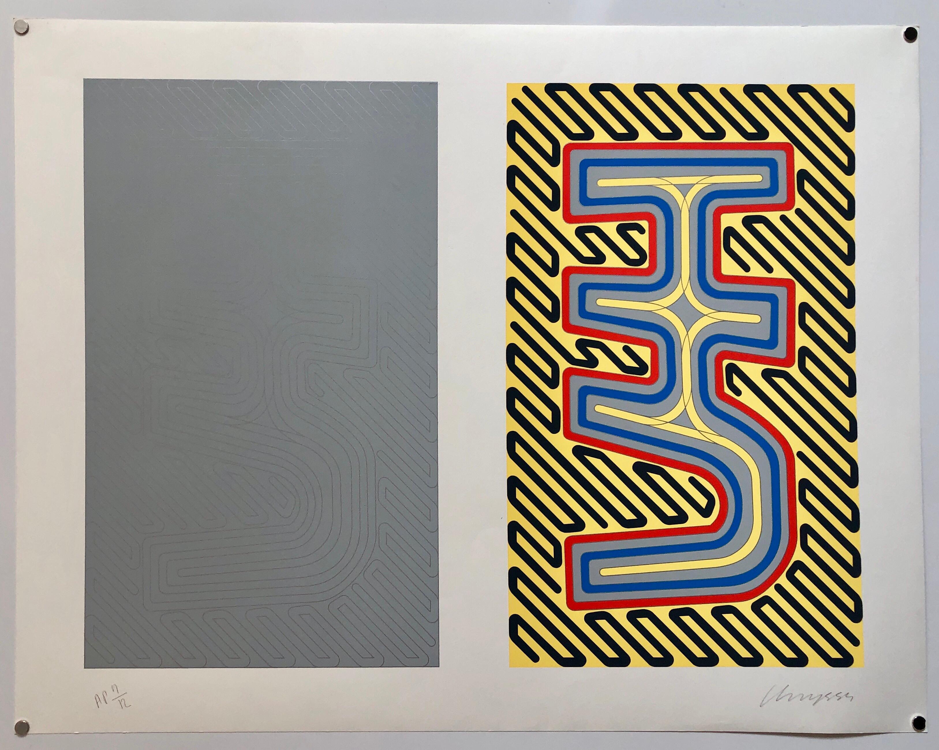1970er Jahre Großer abstrakter geometrischer Siebdruck Day Glo Serigraphie Pop Art Druck Neon im Angebot 3