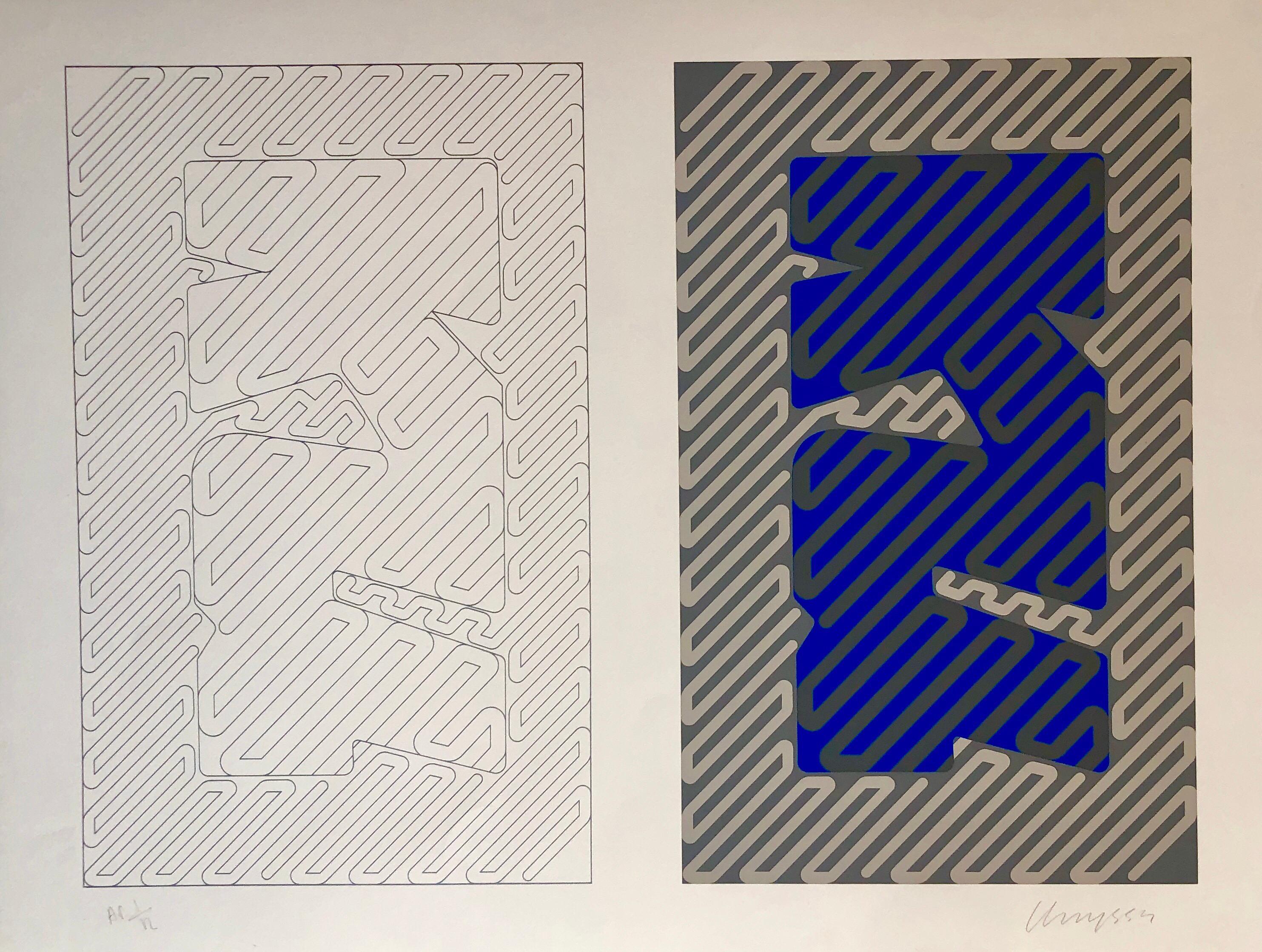 1970's Large Silkscreen Abstract Geometric Day Glo Serigraph Pop Art Print Neon