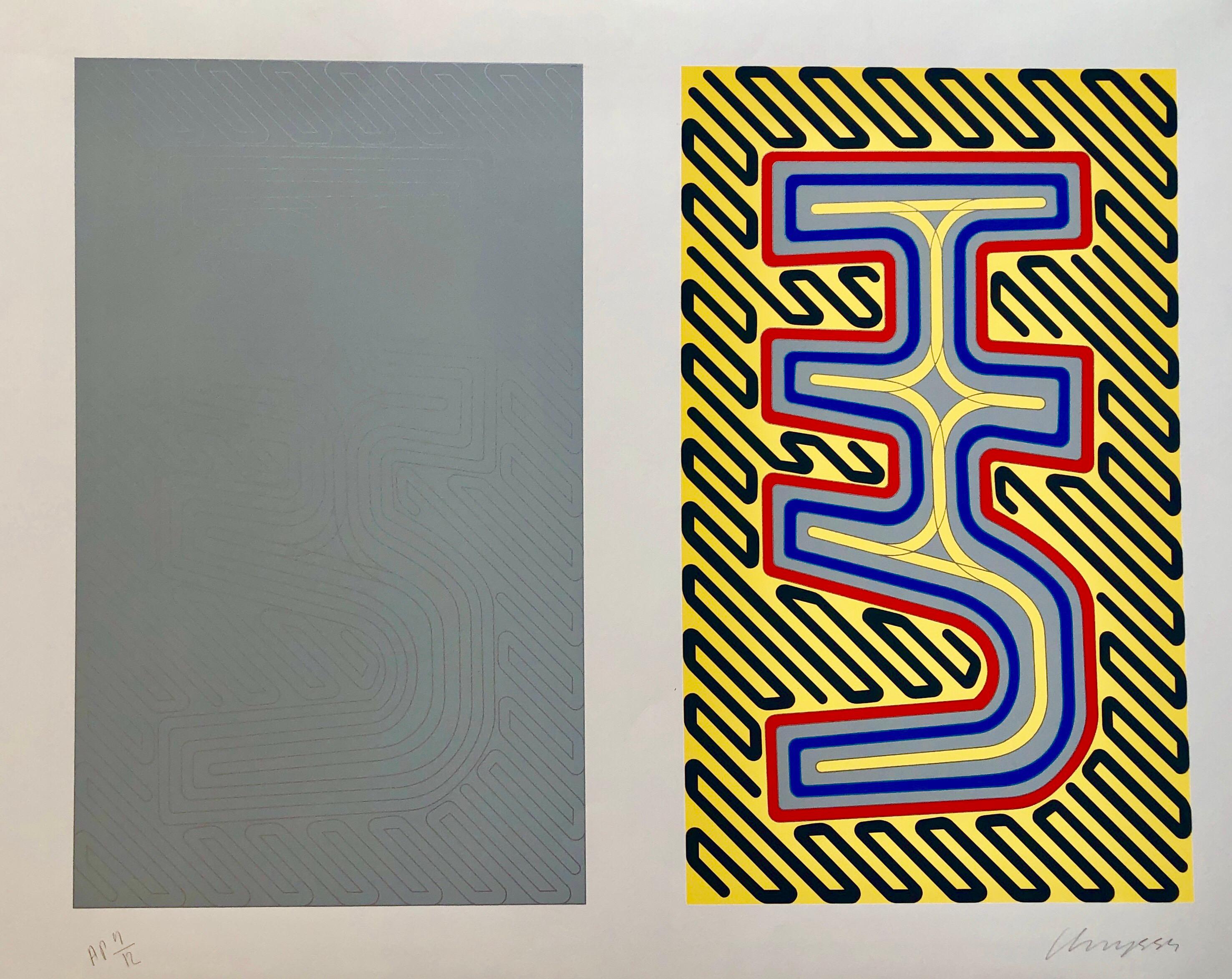 Grand sérigraphie en soie géométrique abstraite des années 1970, sérigraphie Pop Art Neon