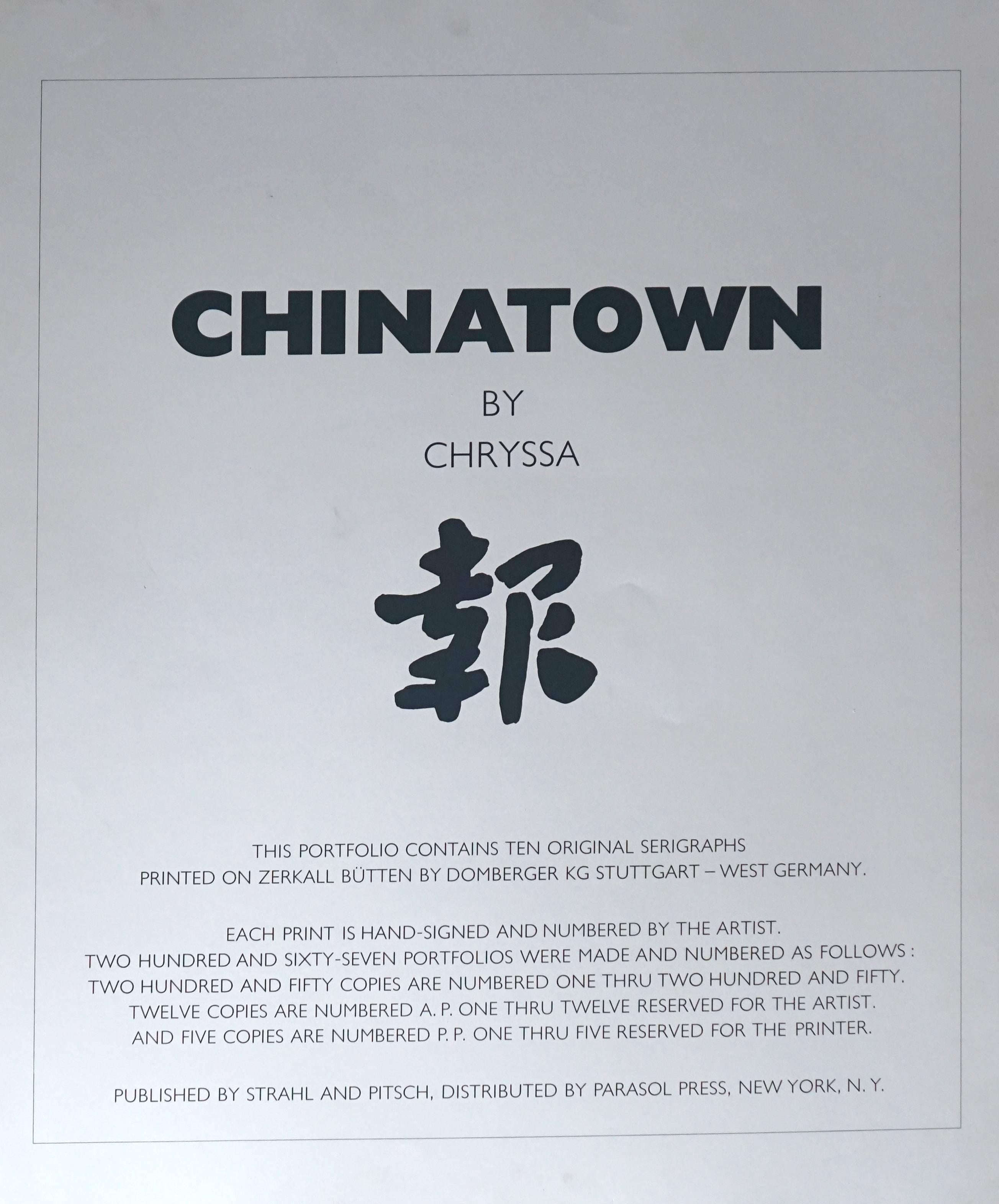 Artist: Chryssa (Greek, born 1933)
Chinatown Portfolio #7
Year: 1978
Medium: Screenprints on wove paper
Signed in pencil and numbered 97/250 
Edition: 250 
Dimension: 38 1/4 x 31 1/4in
Blindstamp of the publisher, Edition Domberger
Condition: