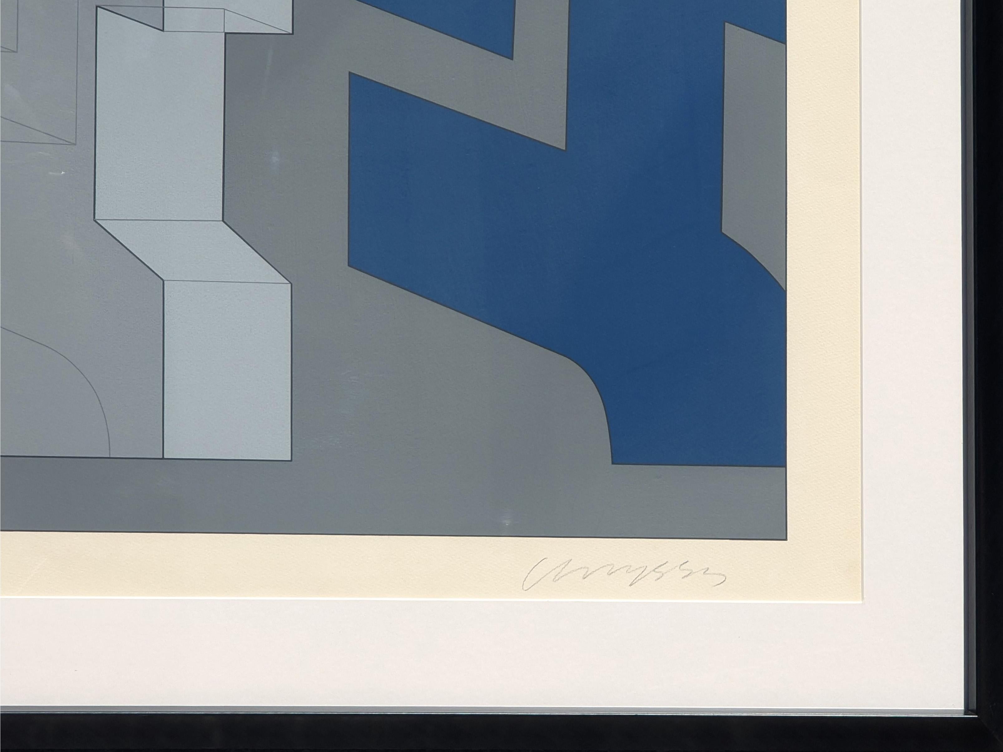 Modern grey and blue geometric abstract serigraph by Grecian artist Chryssa Vardea-Mavromichali, better known as Chryssa. Influenced by the power of lettering and typography, the work features a flattened rendering of an unknown geometric character.