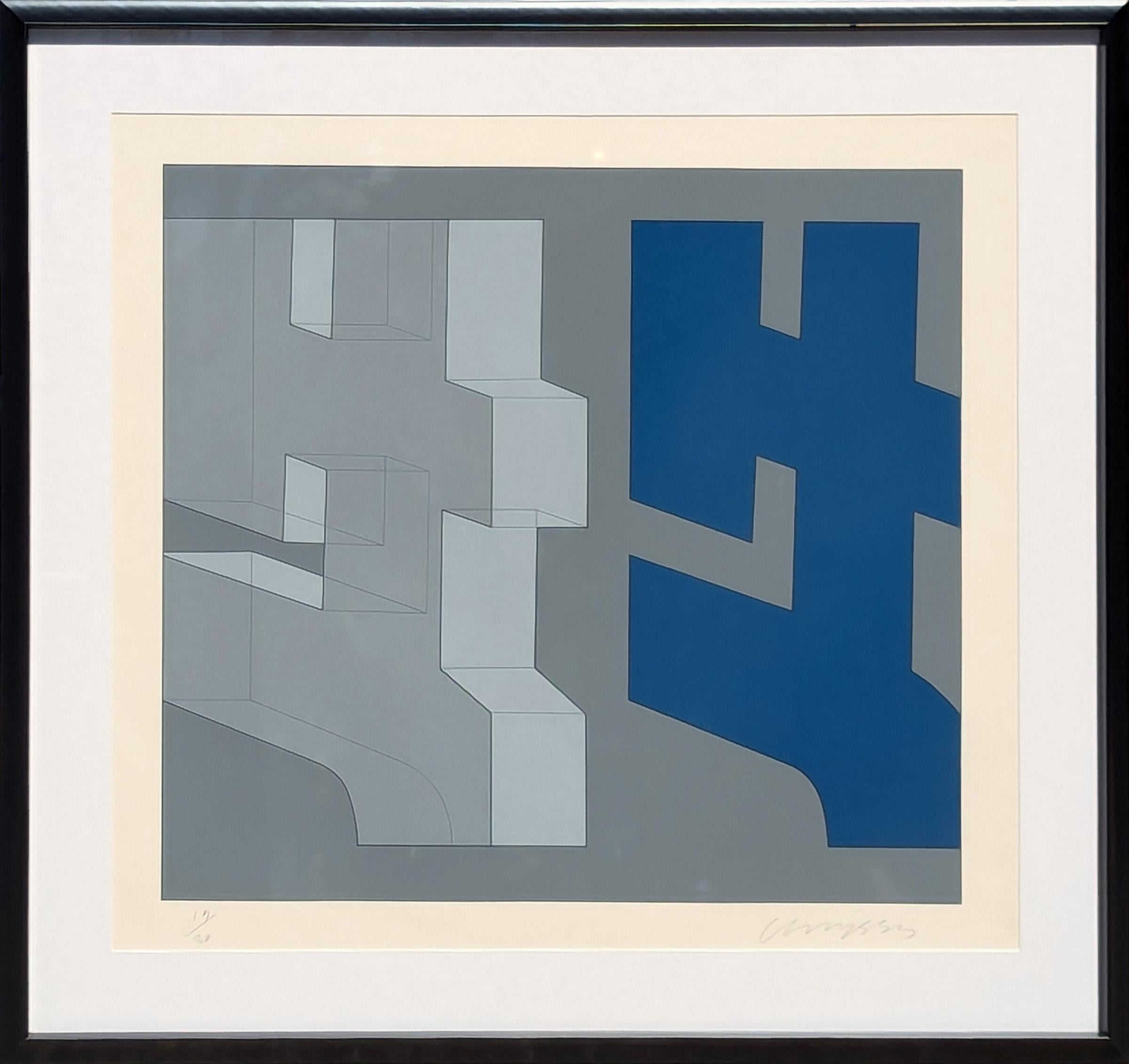 "Series 4- Connect One" Modern Grey & Blue Geometric Abstract Serigraph Ed 19/30